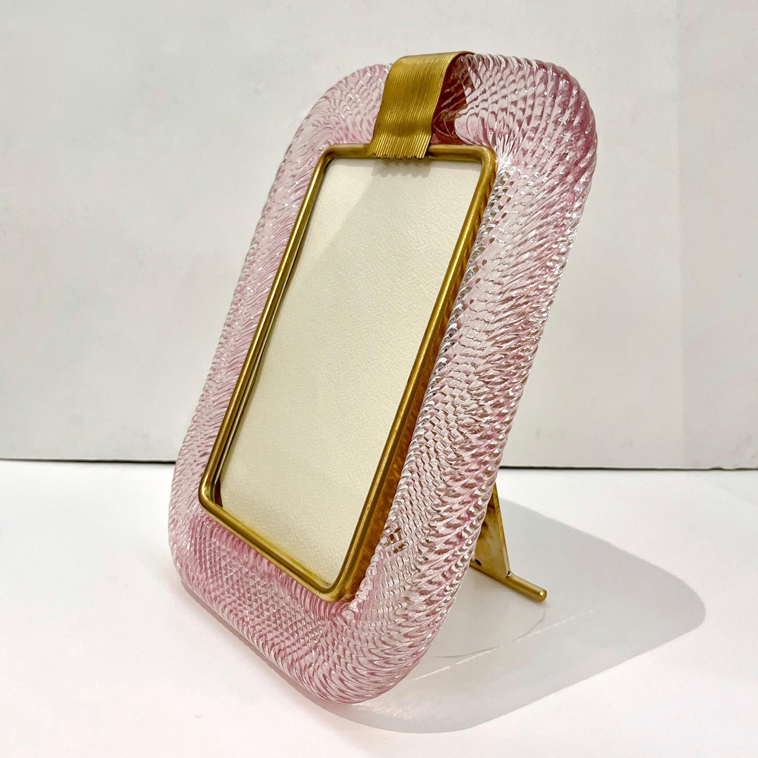 Mid-Century Modern 2000 Barovier Toso Italian Pink Crystal Twisted Murano Glass Brass Picture Frame