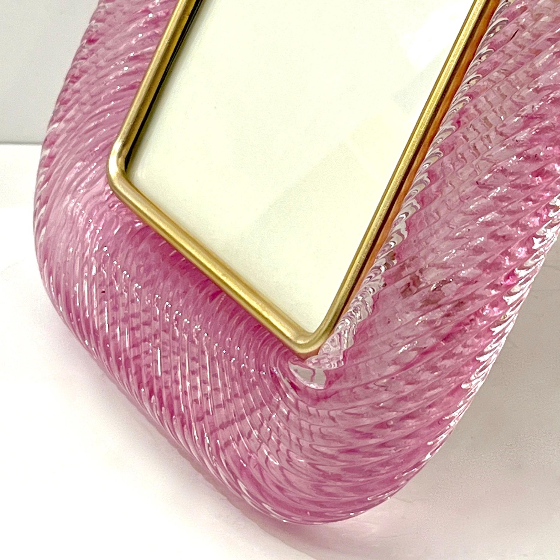 Contemporary 2000 Barovier Toso Italian Pink Crystal Twisted Murano Glass Brass Picture Frame