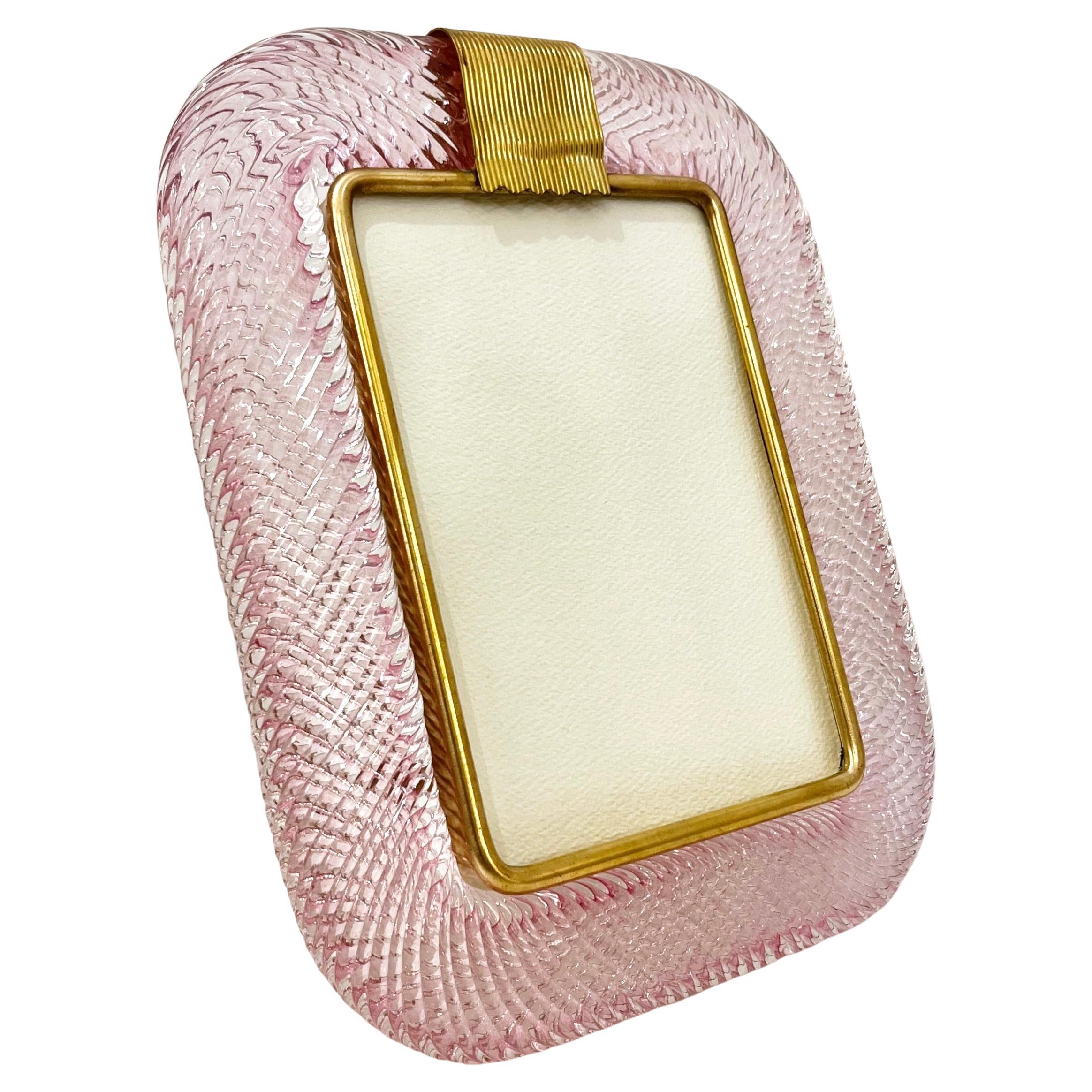 2000 Barovier Toso Italian Pink Crystal Twisted Murano Glass Brass Picture Frame