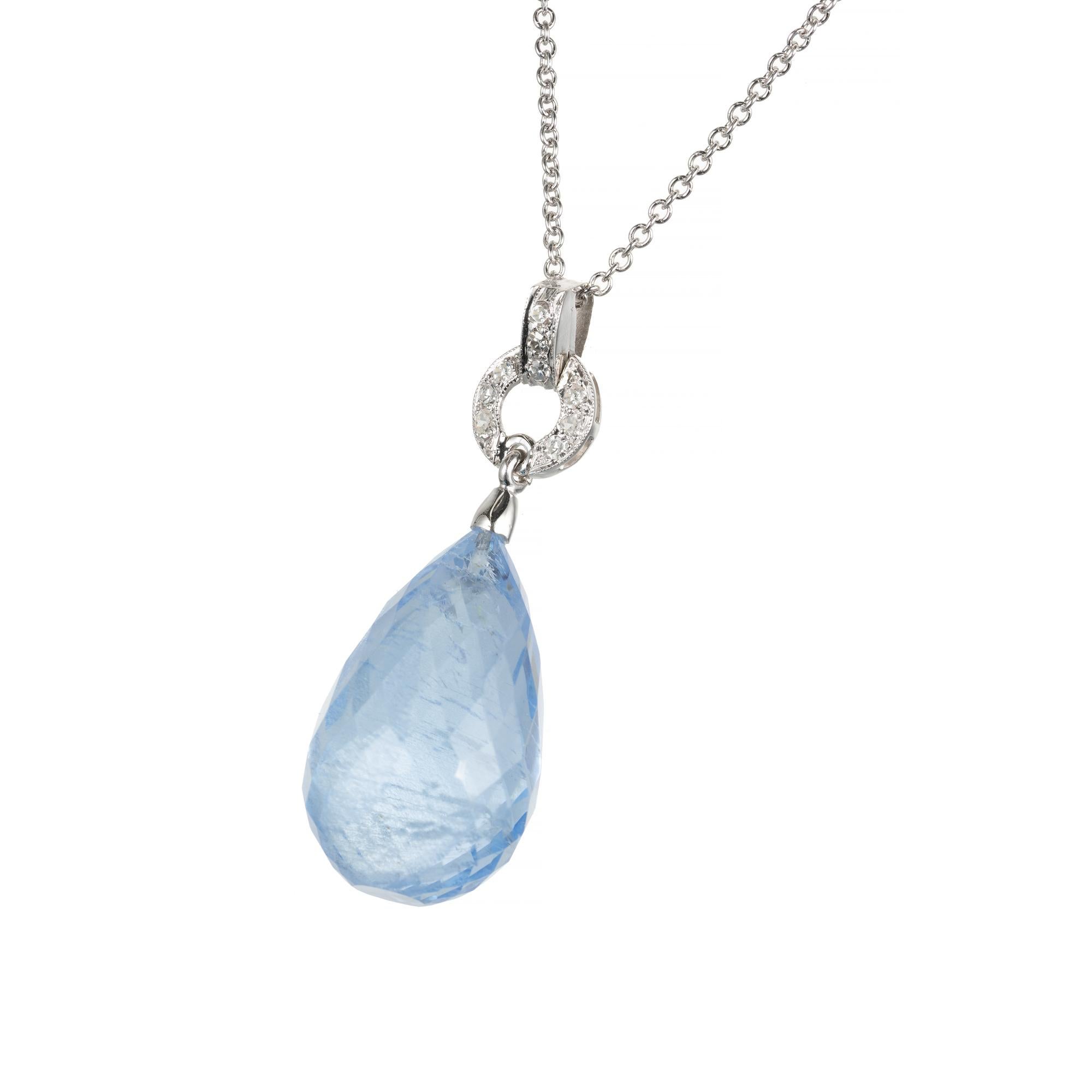  20.00ct natural Aqua and diamond pendant necklace. Art Deco Style briolette aquamarine stone with diamond accents set in platinum.

1 Natural untreated no heat Aqua briolette 20 x 12.3mm, approx. total weight 20.00cts translucent, moderate natural