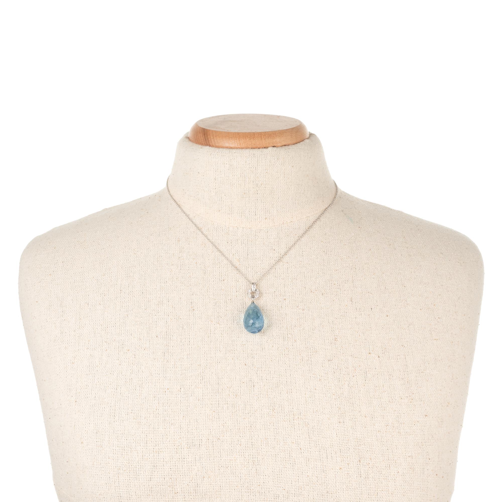 Women's 20.00 Carat Aqua Briolette Diamond Platinum Art Deco Style Pendant Necklace For Sale