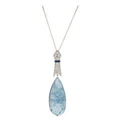 Antique 20.00 Carat Aqua Diamond Sapphire Platinum Art Deco Pendant Necklace