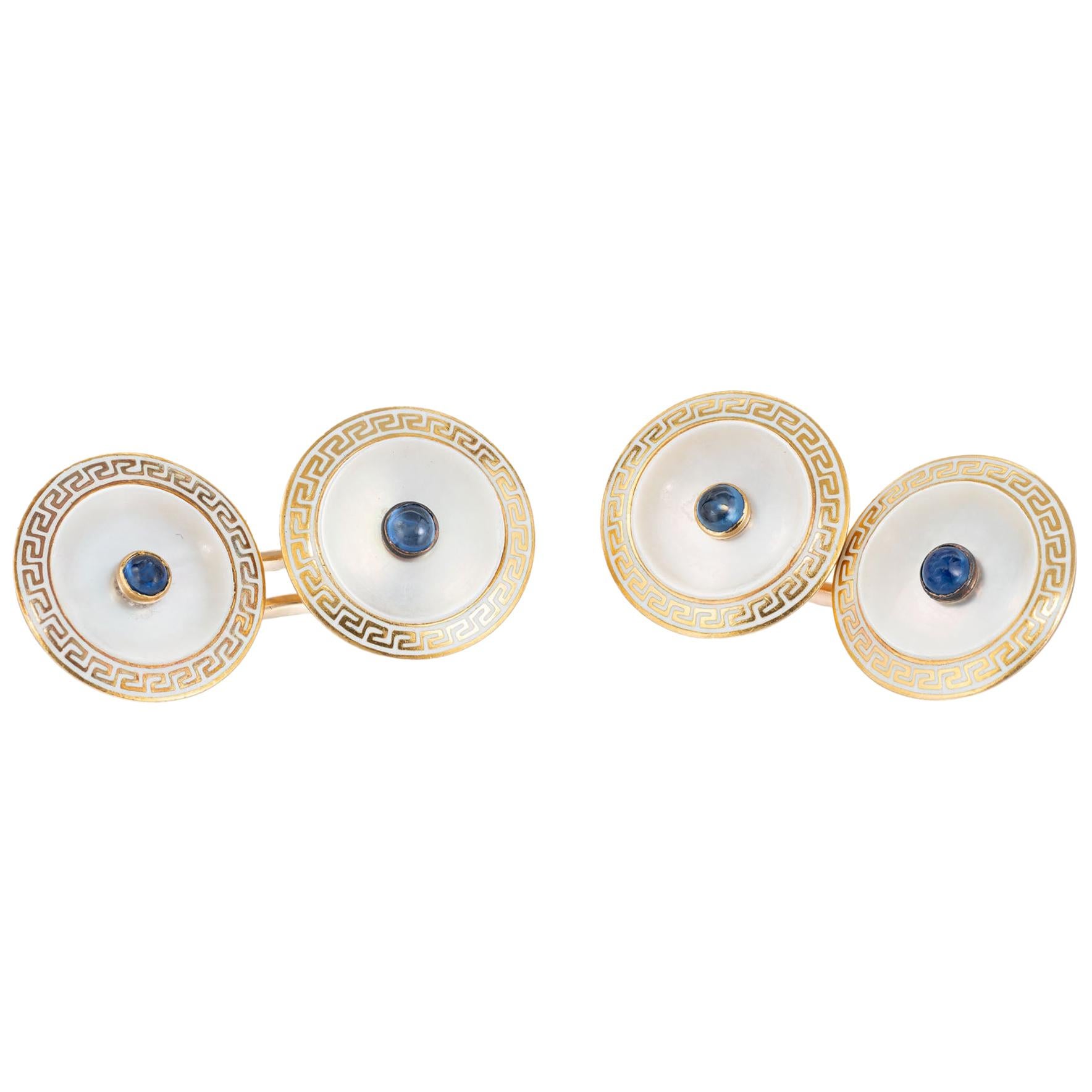 20.00 Carat Cabochon Sapphire Mother of Pearl Yellow Gold Cufflinks
