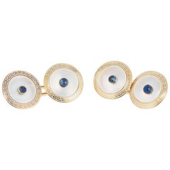 20.00 Carat Cabochon Sapphire Mother of Pearl Yellow Gold Cufflinks