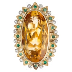 20.00 Carat Citrine Emerald Diamond Yellow Gold Cocktail Ring