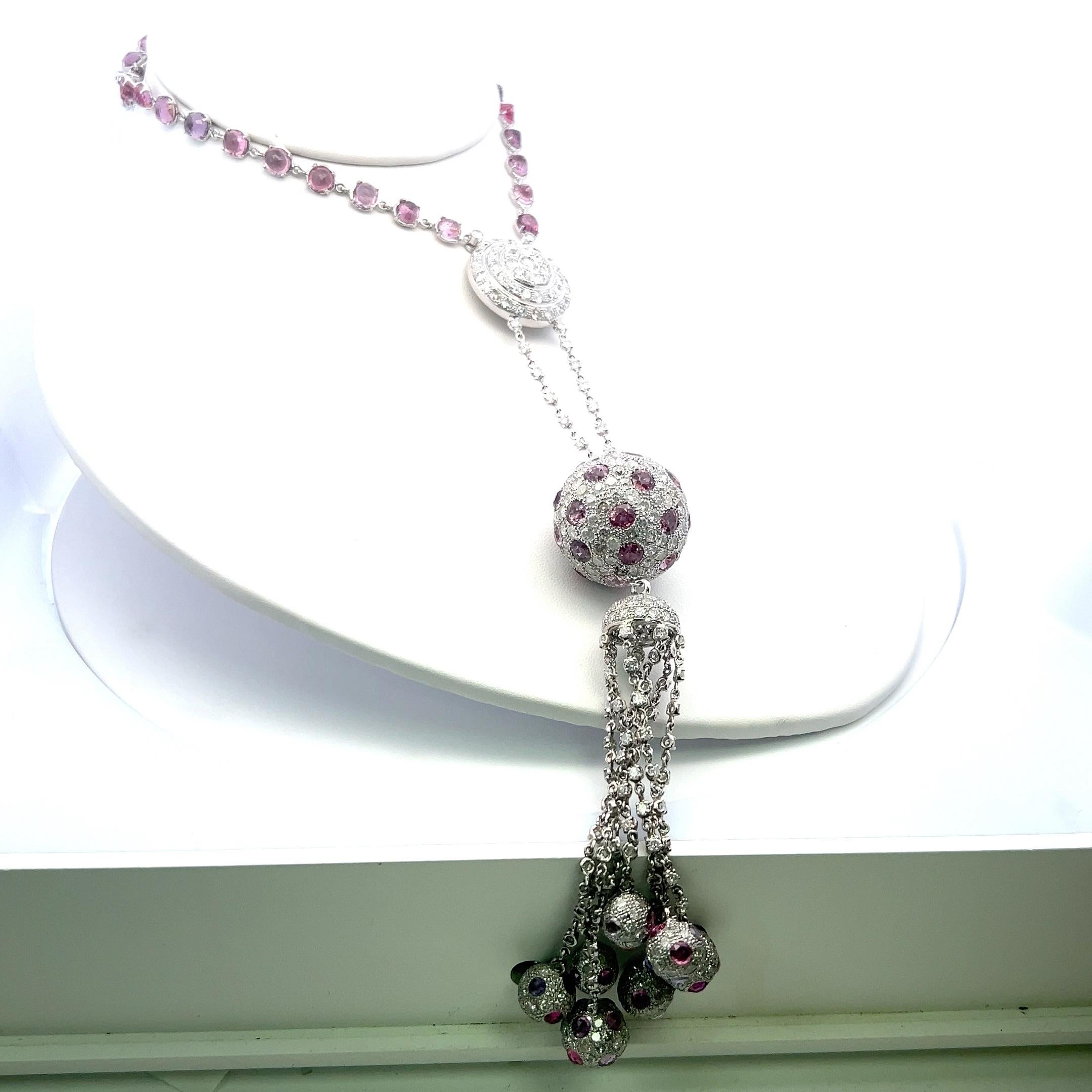 Round Cut 20.00 Carat Diamond 20.00 Carat Sapphire 18K White Gold Dangling Necklace For Sale