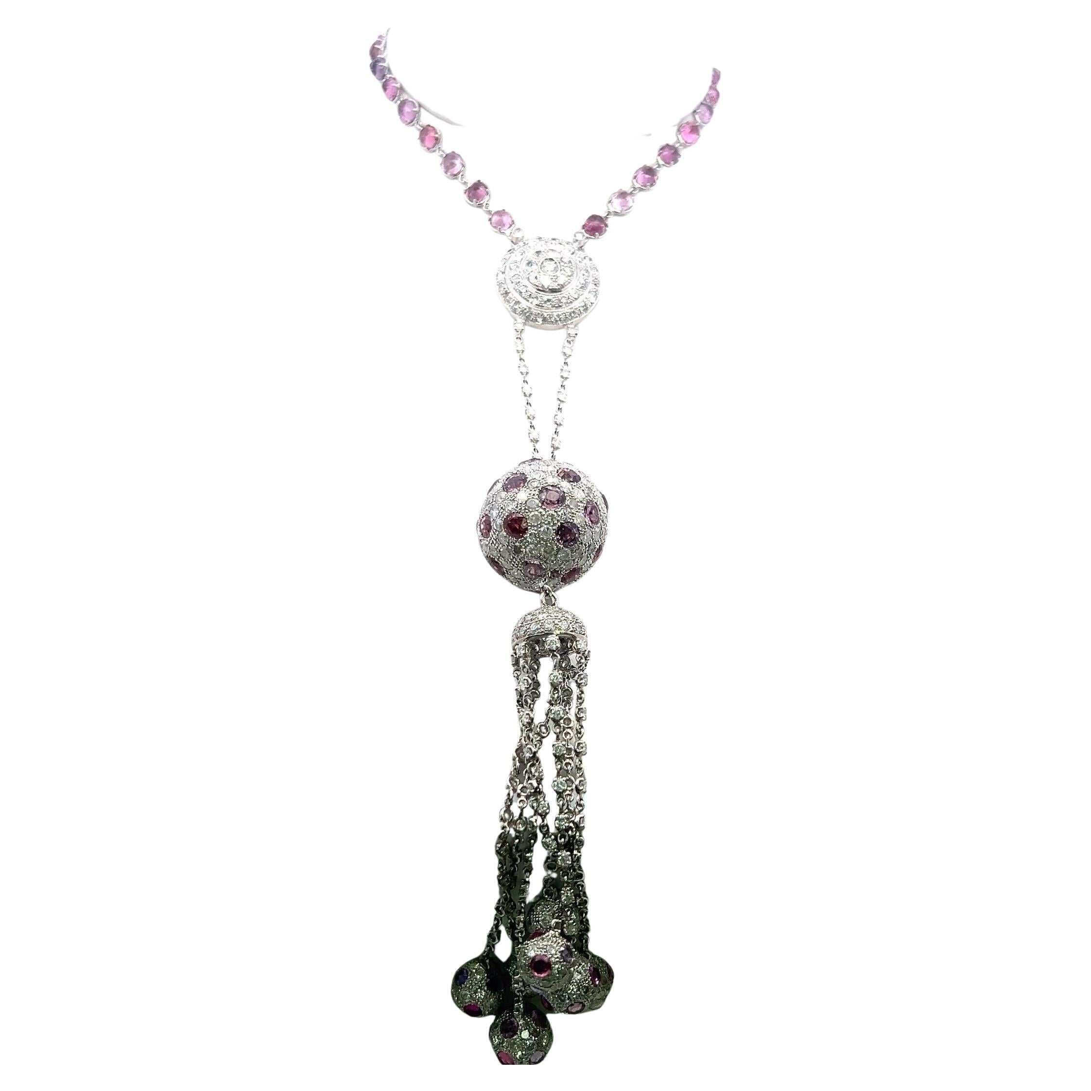 20.00 Carat Diamond 20.00 Carat Sapphire 18K White Gold Dangling Necklace For Sale