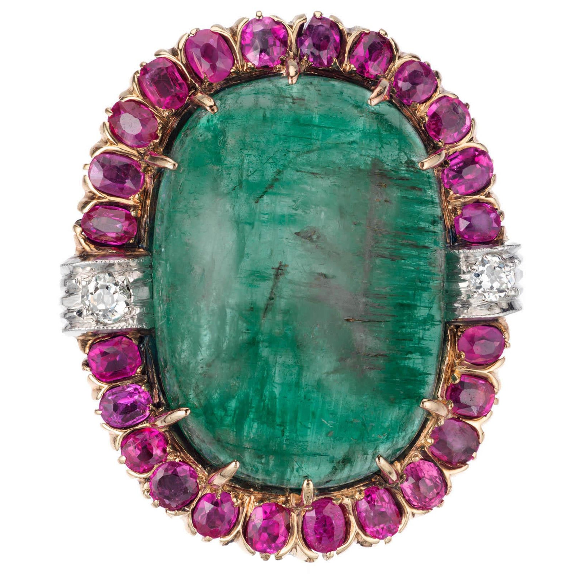 Bague cocktail Art déco en or et platine avec émeraude, saphir et diamant de 20,00 carats en vente