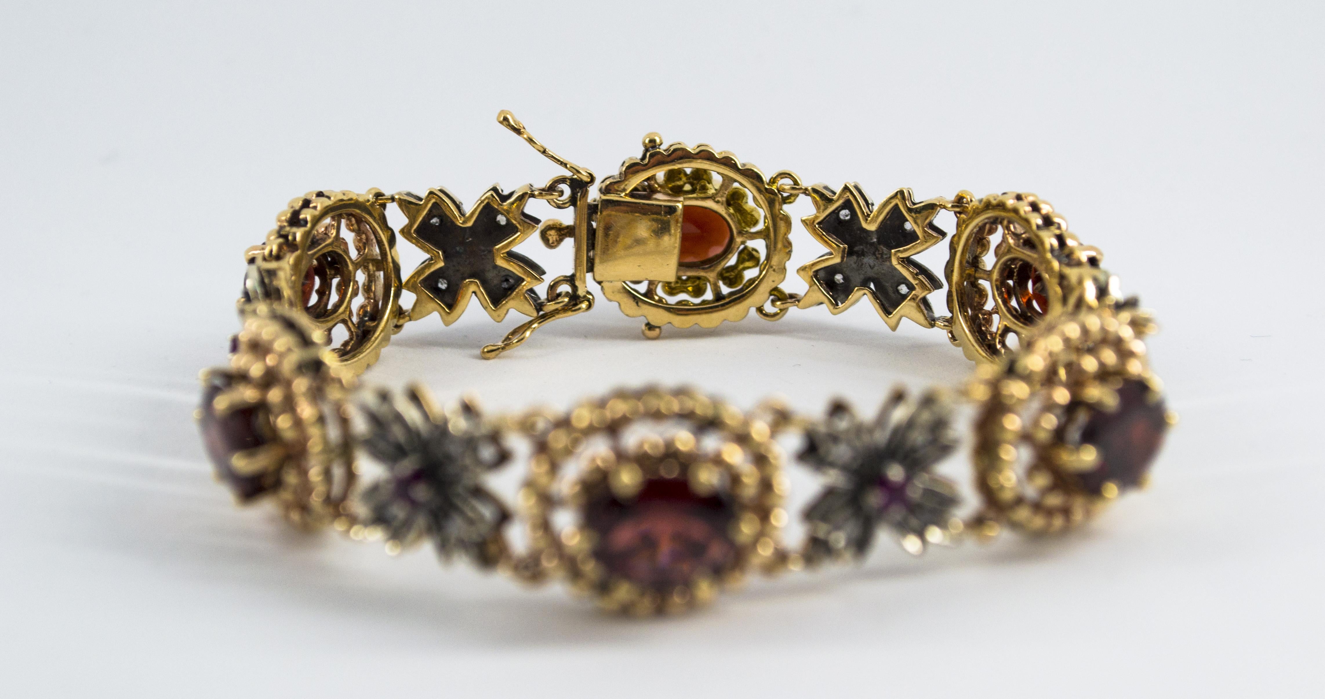 This Bracelet is made of 9K Yellow Gold and Sterling Silver.
This Bracelet has 0.75 Carats of White Diamonds.
This Bracelet has 0.43 Carats of Rubies.
This Bracelet has 20.00 Carats of Garnet.
We're a workshop so every piece is handmade,