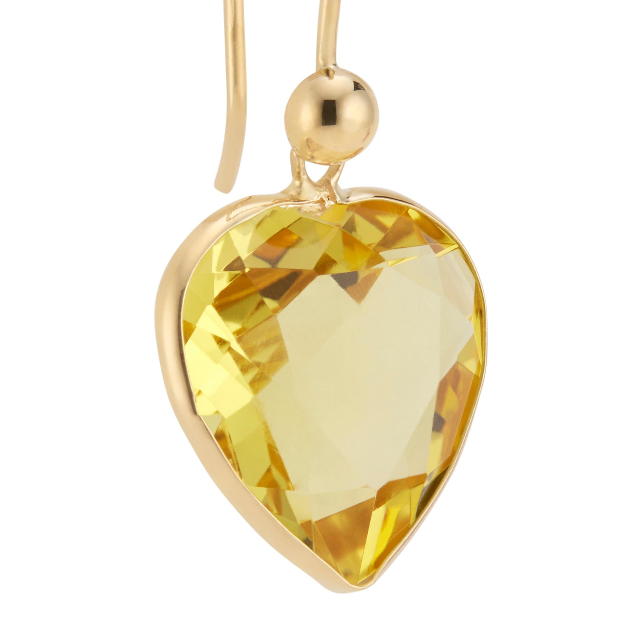 Heart Cut 20.00 Carat Heart Shaped Citrine Yellow Gold Dangle Earrings