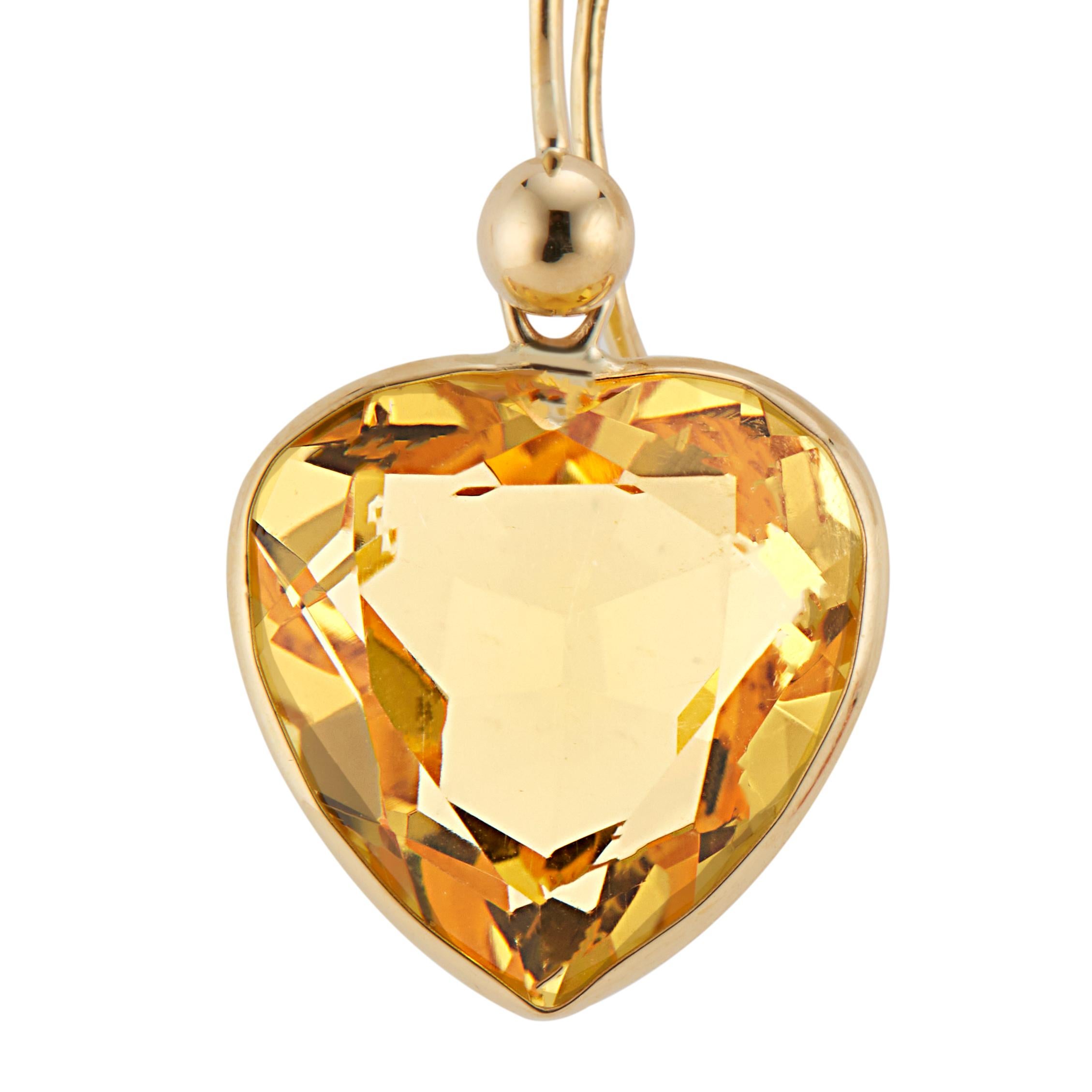 Women's 20.00 Carat Heart Shaped Citrine Yellow Gold Dangle Earrings