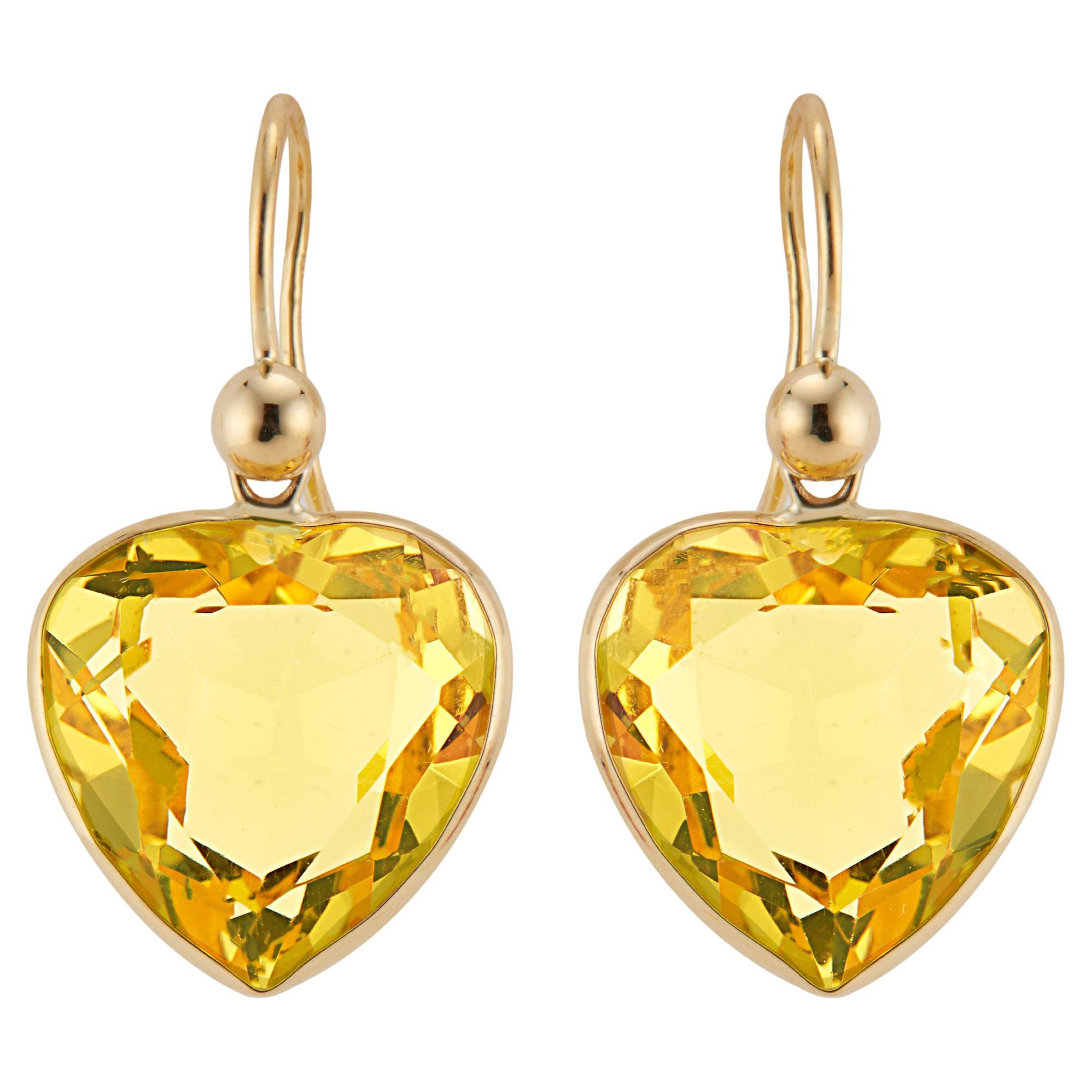 20.00 Carat Heart Shaped Citrine Yellow Gold Dangle Earrings