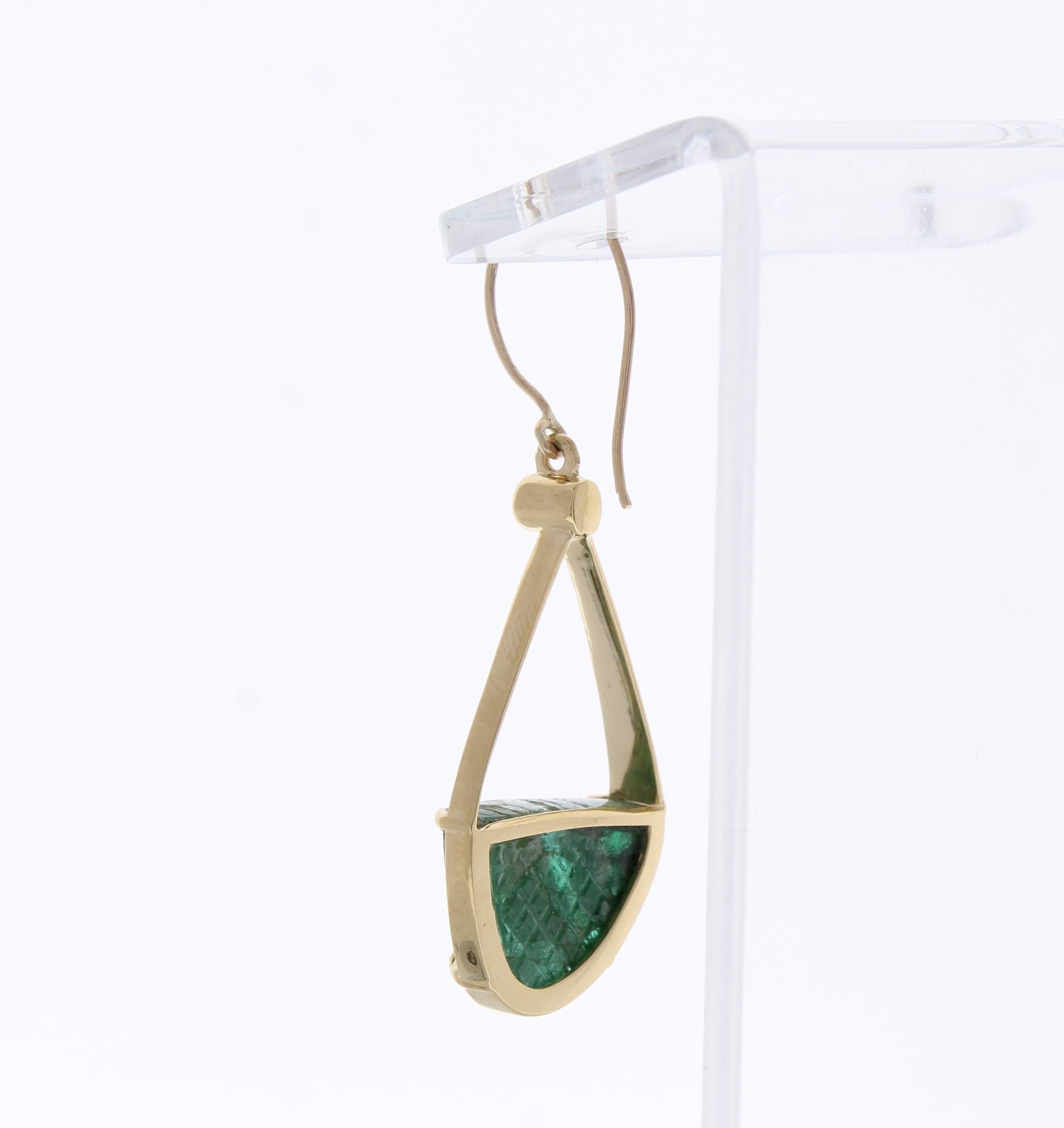 Contemporary 20.00 Carat Total Carved Emerald and Diamond Earring in 18 Karat Yellow Gold