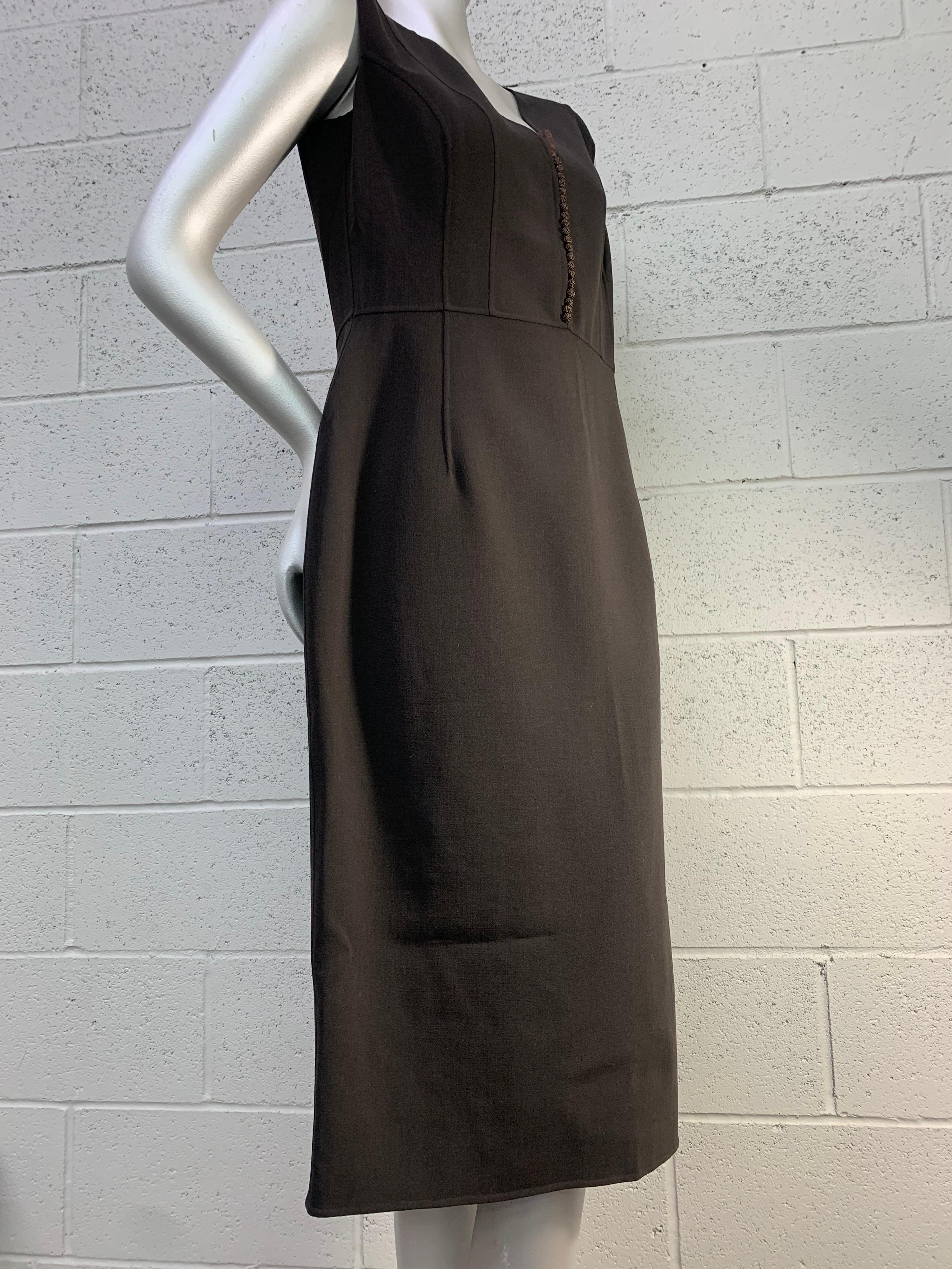 2000 Celine chocolate brown wool and spandex minimalist sleeveless cocktail dress with center front lace insert and cord-knot buttons.  Size EU 44. 
