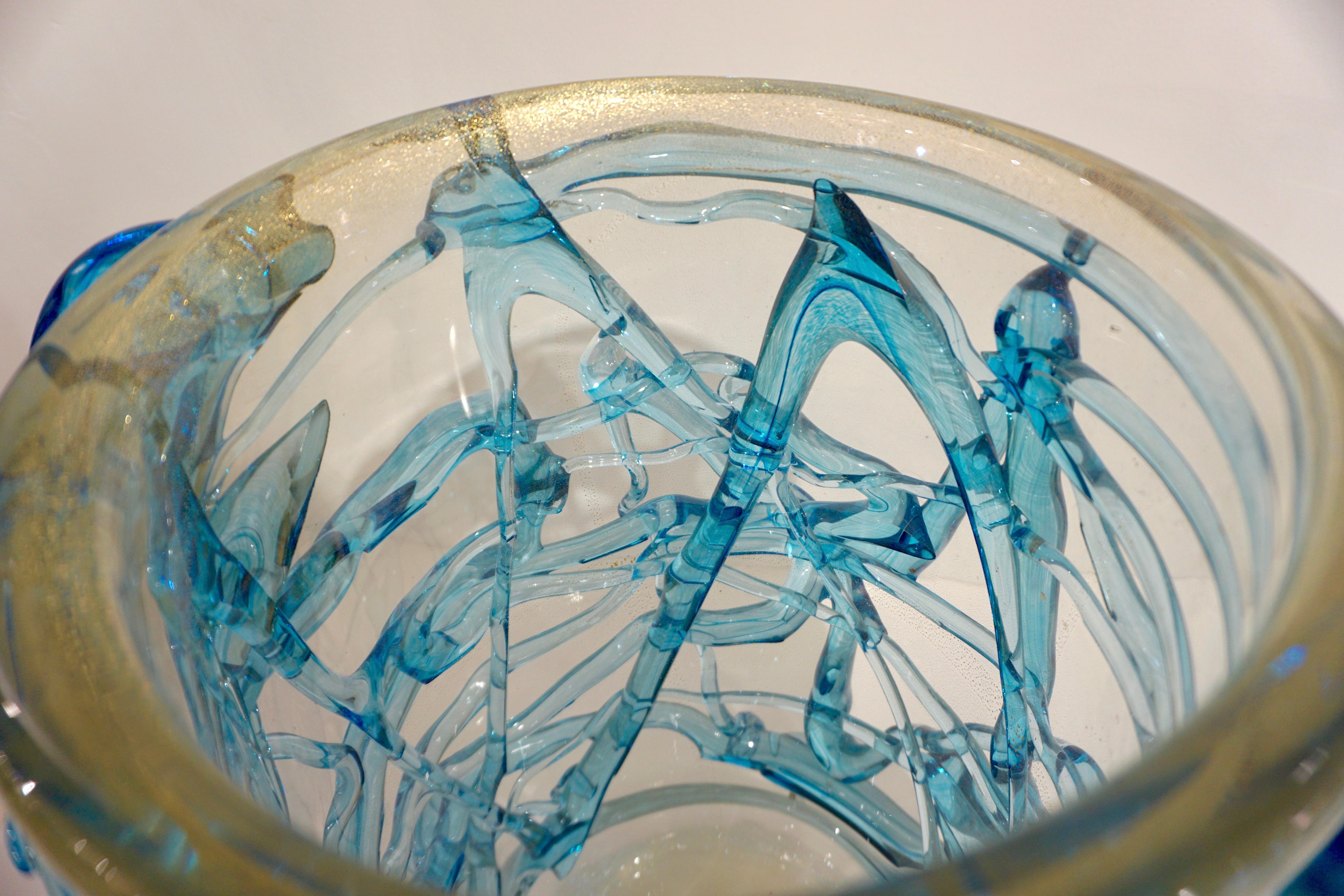 Postmoderno 2000 Cenedese Vaso d'arte in vetro di Murano moderno, blu acqua e oro 24 Kt in vendita