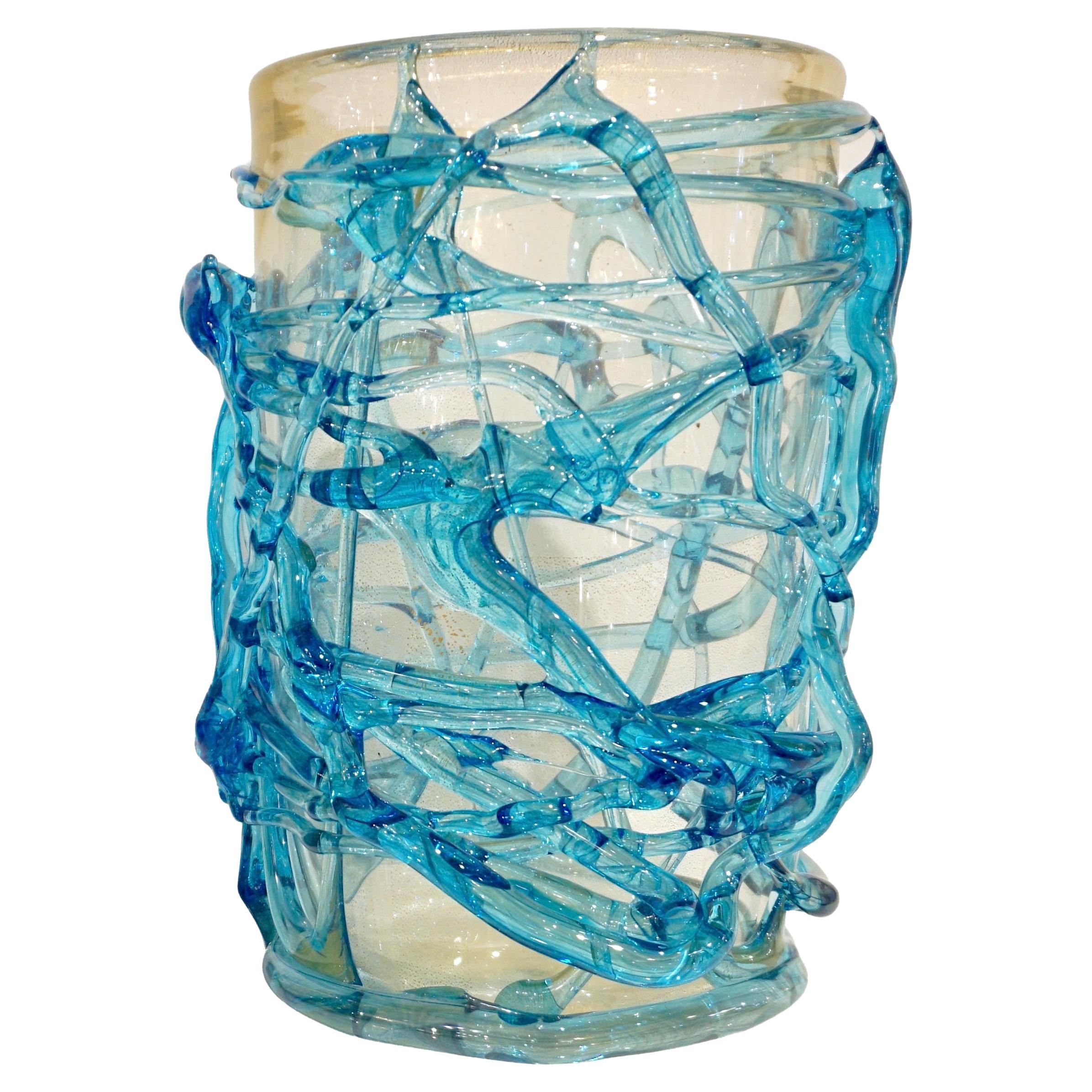 2000 Cenedese Vaso d'arte in vetro di Murano moderno, blu acqua e oro 24 Kt in vendita