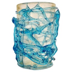 2000 Cenedese Italian Modern Aqua Blue 24 Kt Gold Murano Glass Art Vase