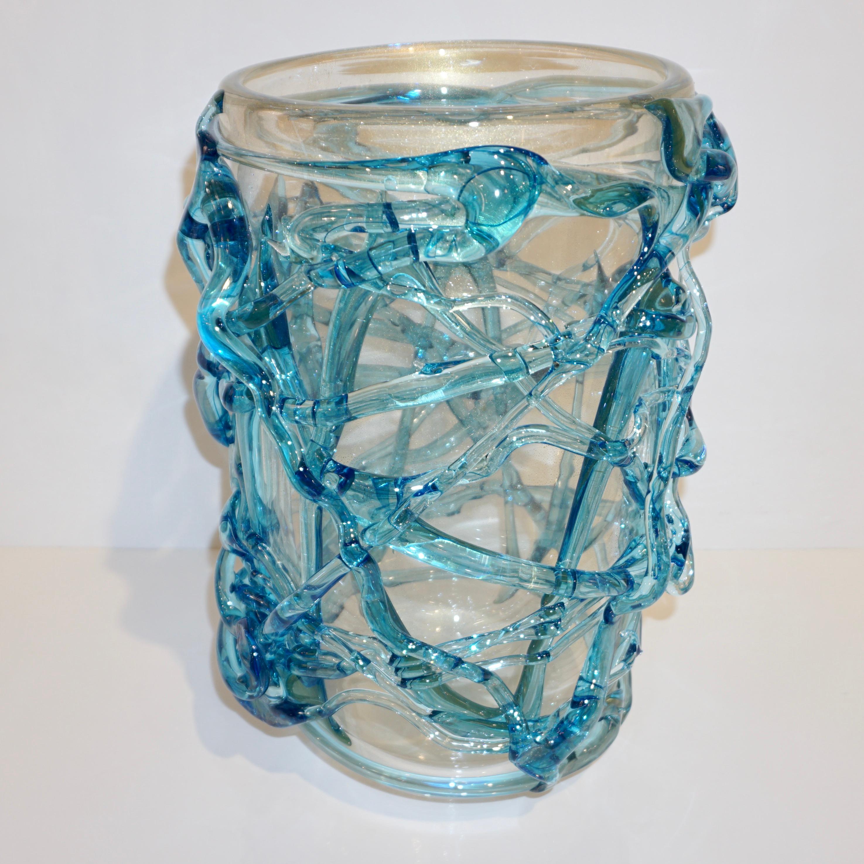 2000 Cenedese Italian Pair of Modern Aqua Blue 24 Kt Gold Murano Glass Art Vases For Sale 4