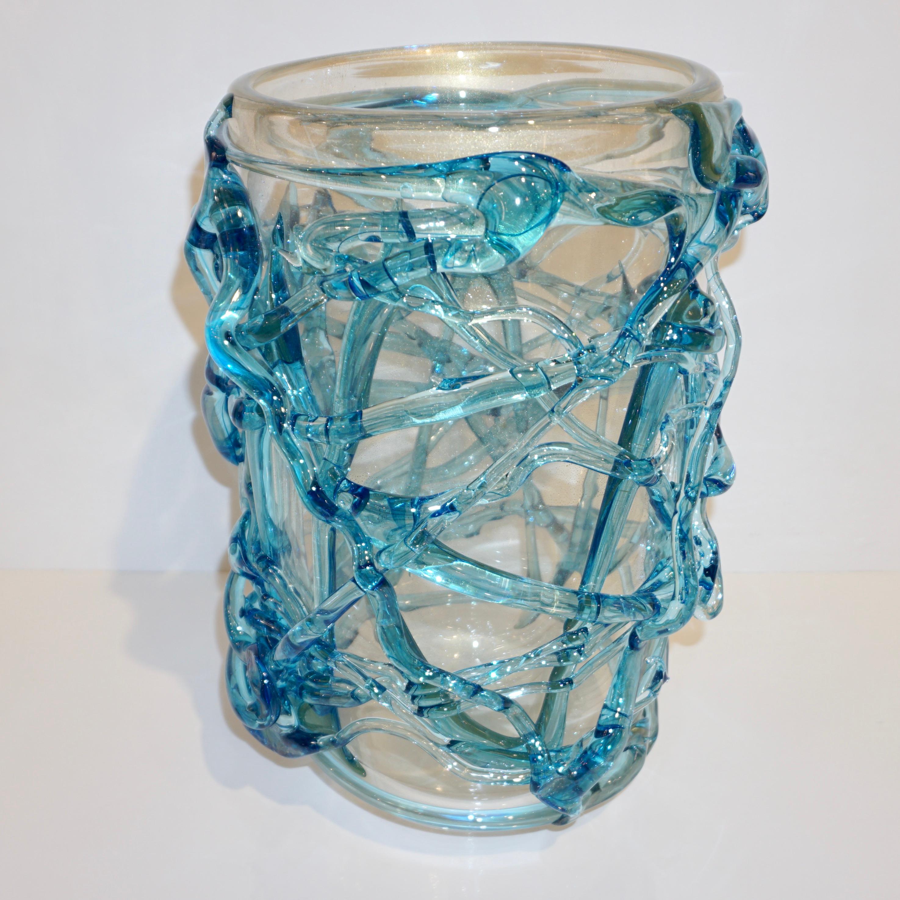 2000 Cenedese Italian Pair of Modern Aqua Blue 24 Kt Gold Murano Glass Art Vases 5