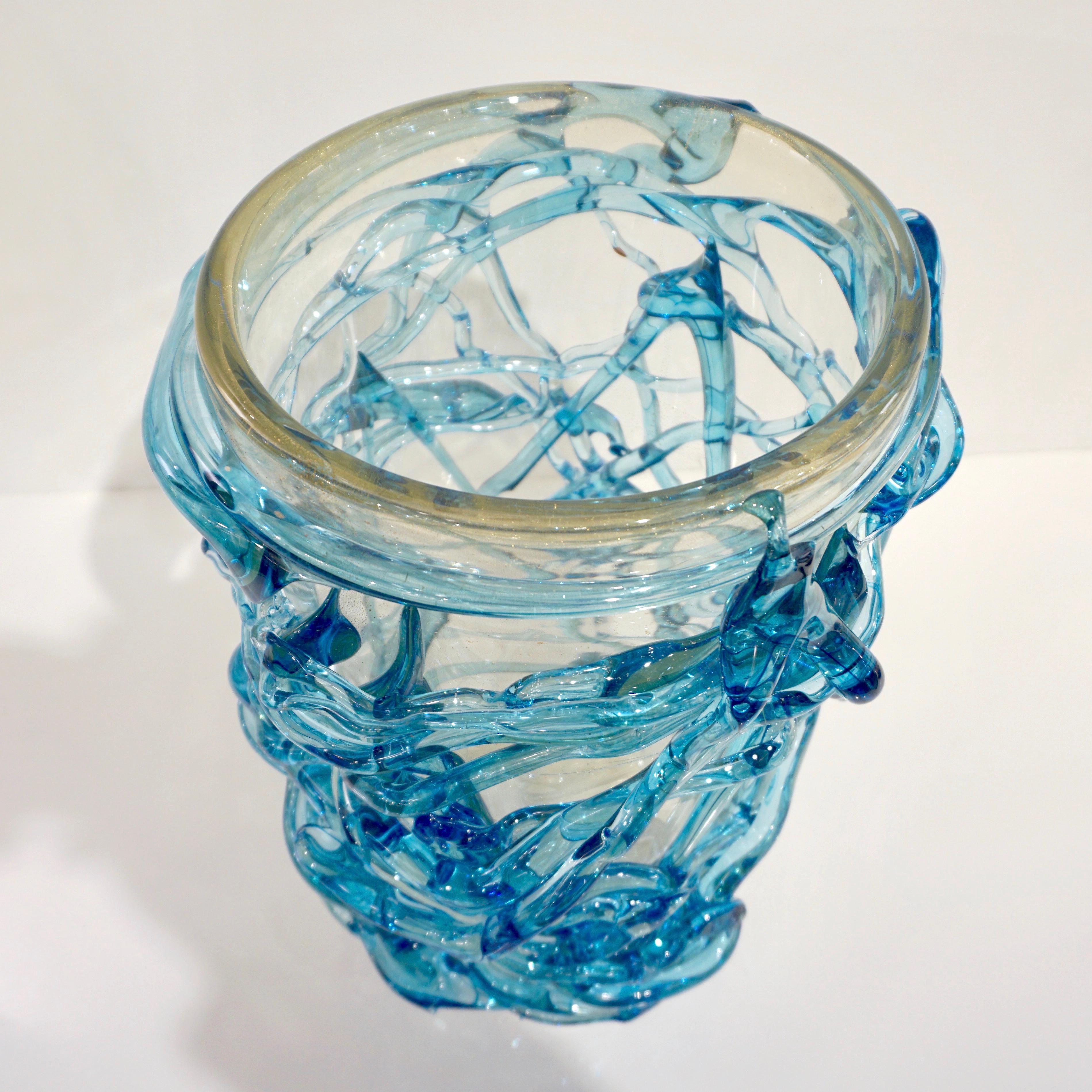 2000 Cenedese Italian Pair of Modern Aqua Blue 24 Kt Gold Murano Glass Art Vases For Sale 5