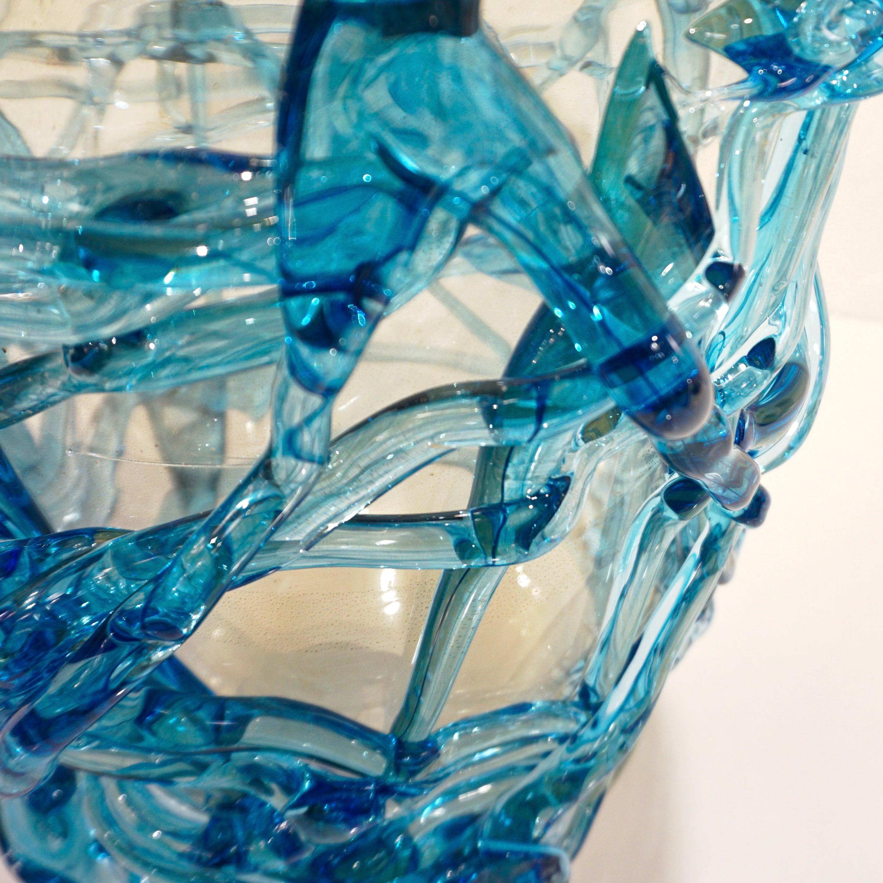 2000 Cenedese Italian Pair of Modern Aqua Blue 24 Kt Gold Murano Glass Art Vases 7