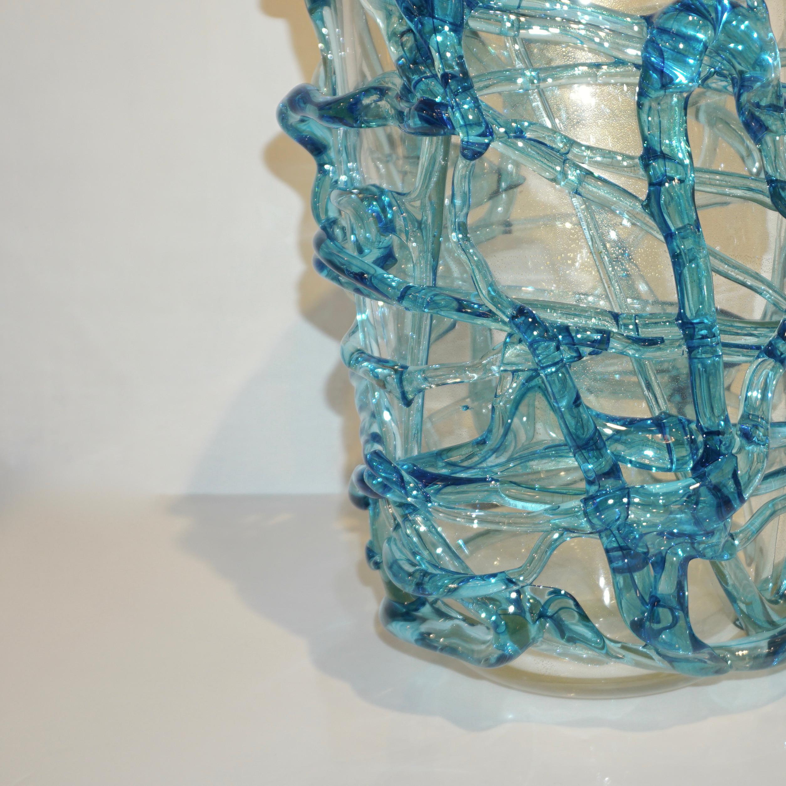 2000 Cenedese Italian Pair of Modern Aqua Blue 24 Kt Gold Murano Glass Art Vases In Excellent Condition In New York, NY