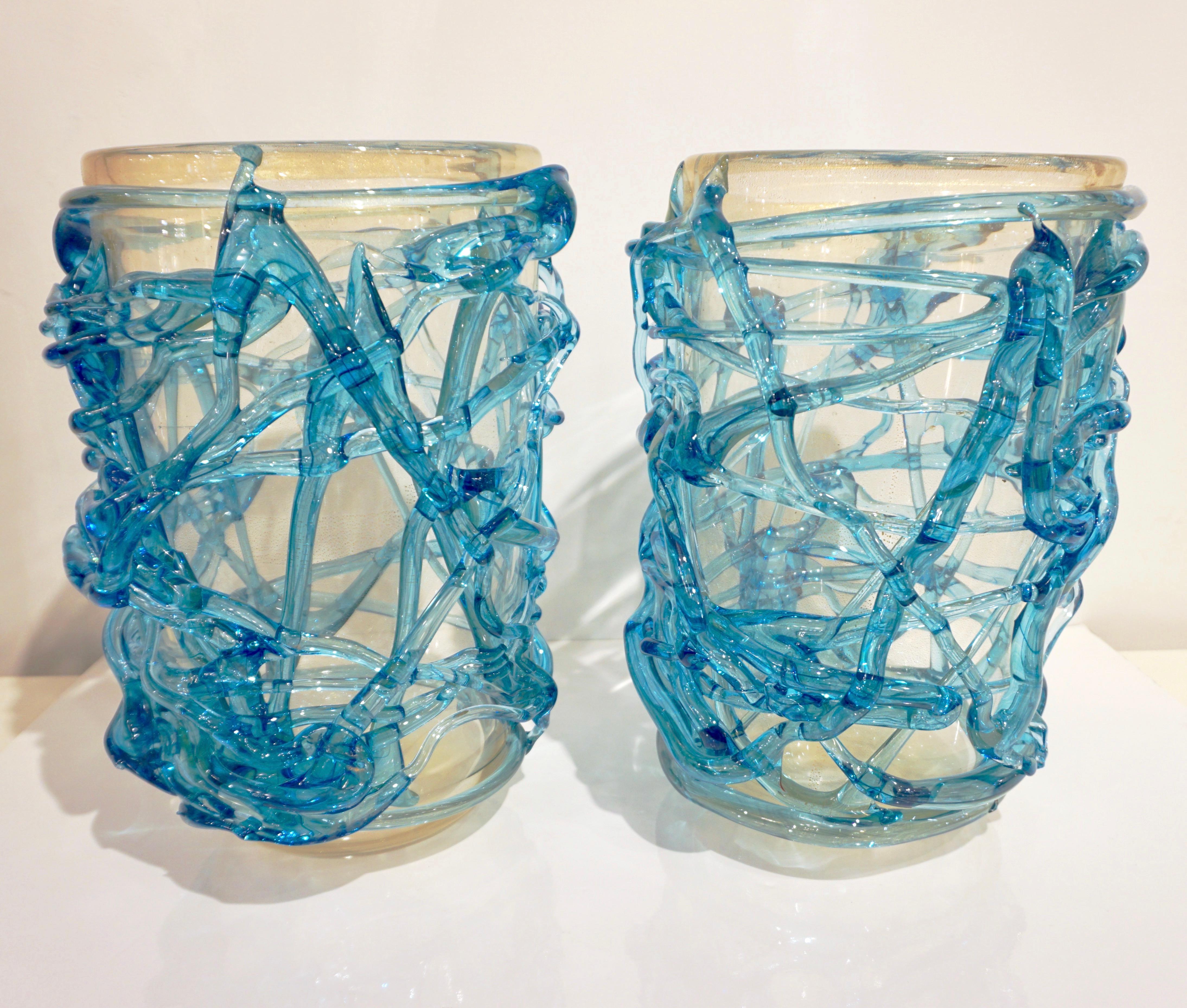 Paire de vases d'art modernes en verre de Murano bleu turquoise et or 24 carats de Cenedese, 2000 en vente 6