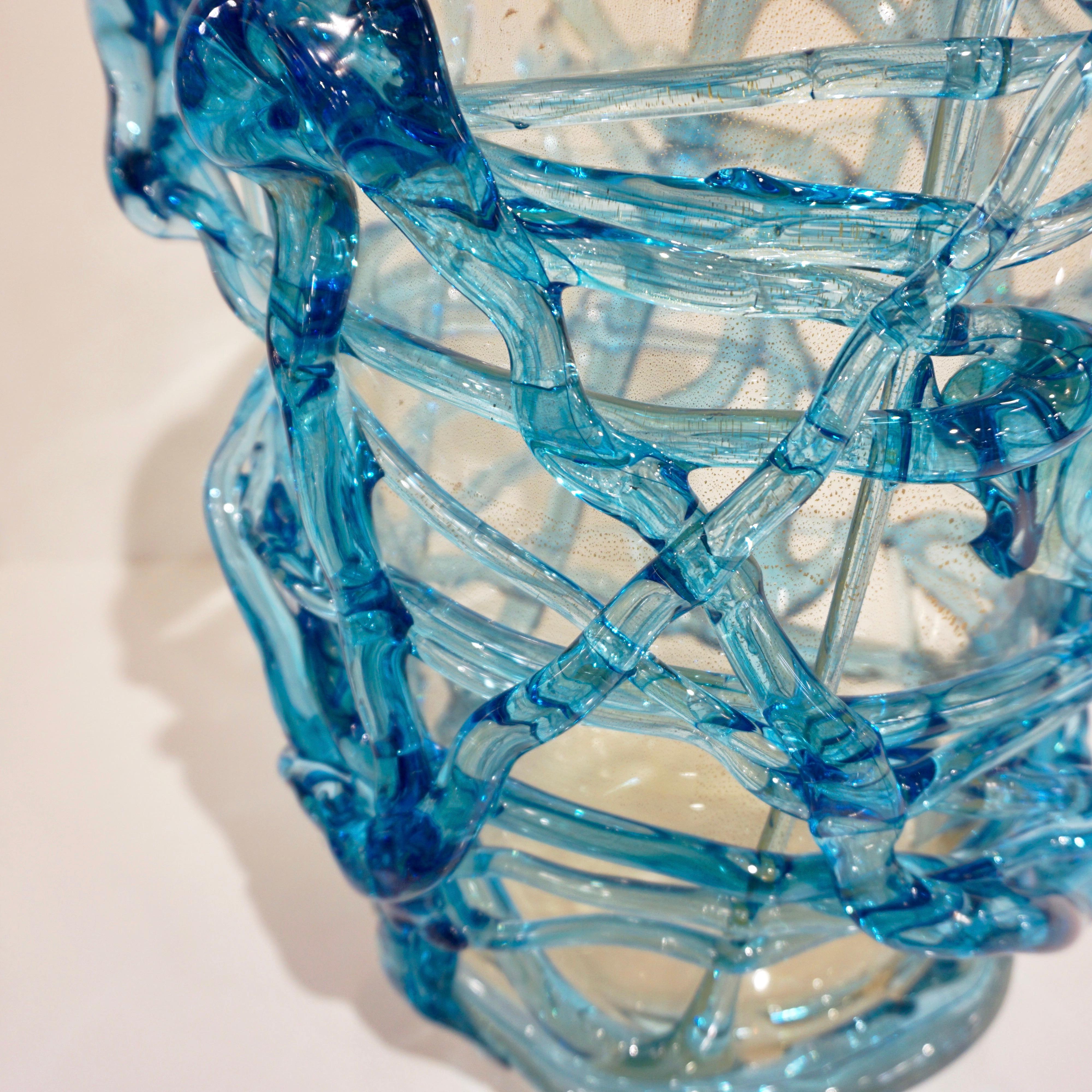 2000 Cenedese Italian Pair of Modern Aqua Blue 24 Kt Gold Murano Glass Art Vases 9