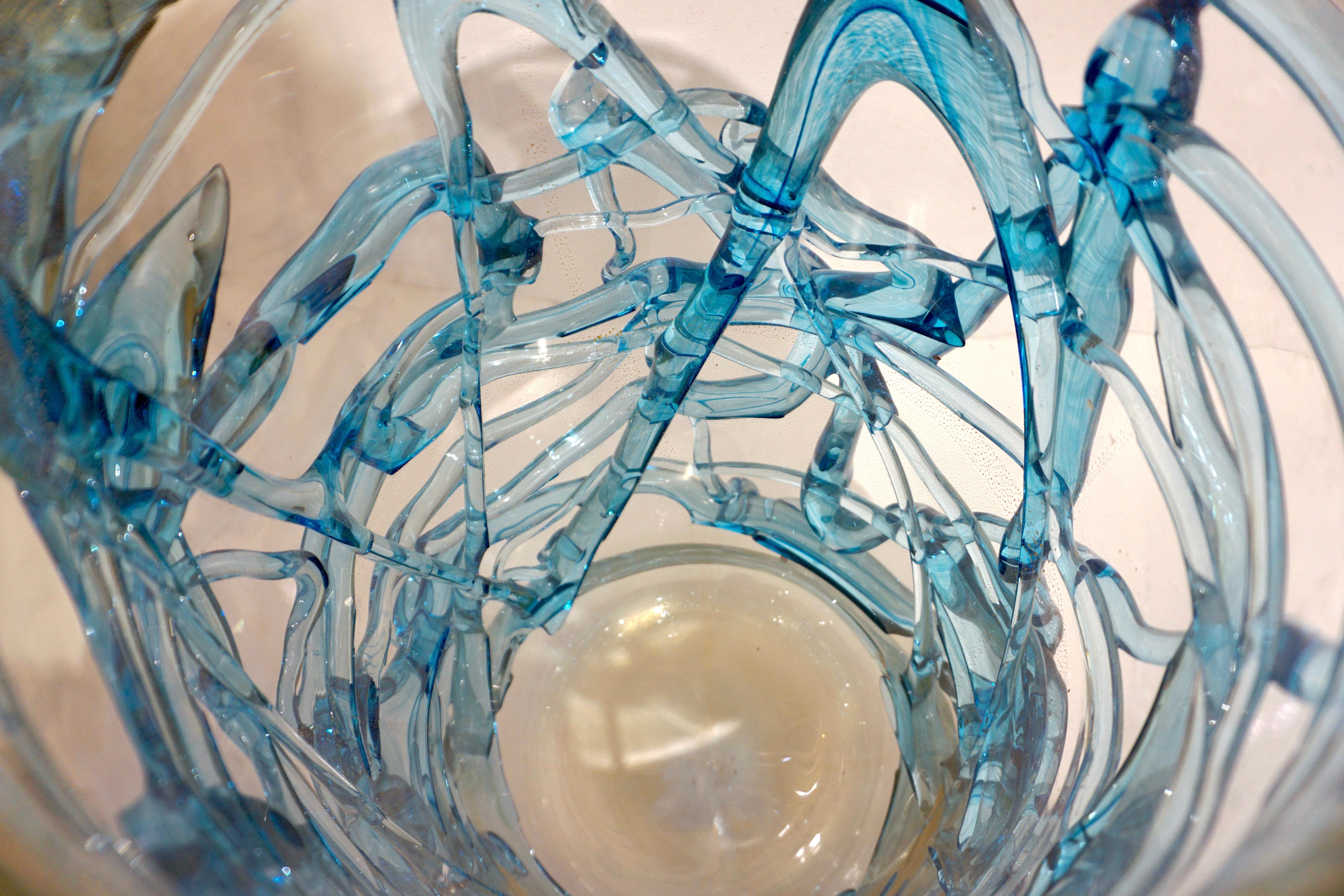 Paire de vases d'art modernes en verre de Murano bleu turquoise et or 24 carats de Cenedese, 2000 en vente 8