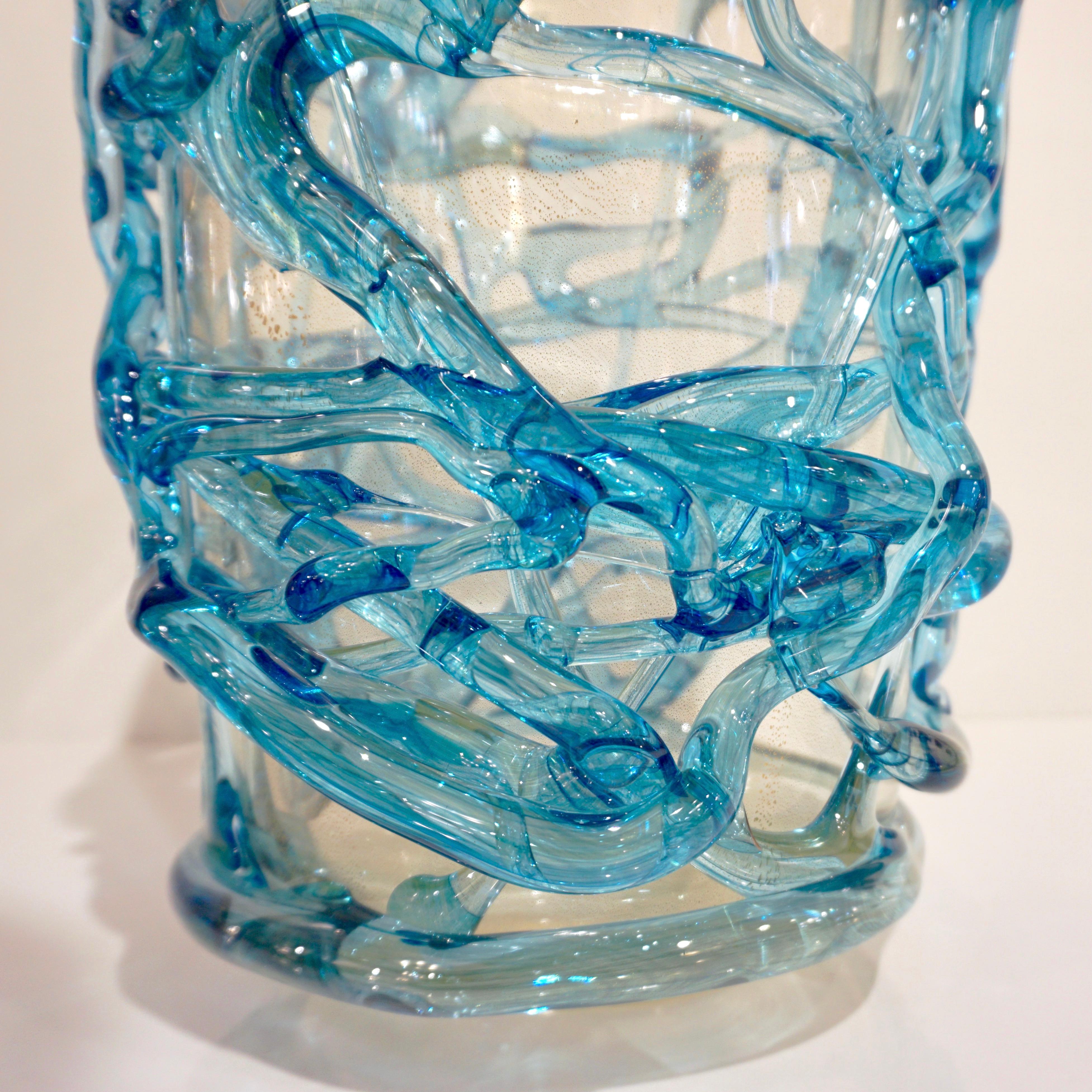 2000 Cenedese Italian Pair of Modern Aqua Blue 24 Kt Gold Murano Glass Art Vases For Sale 10