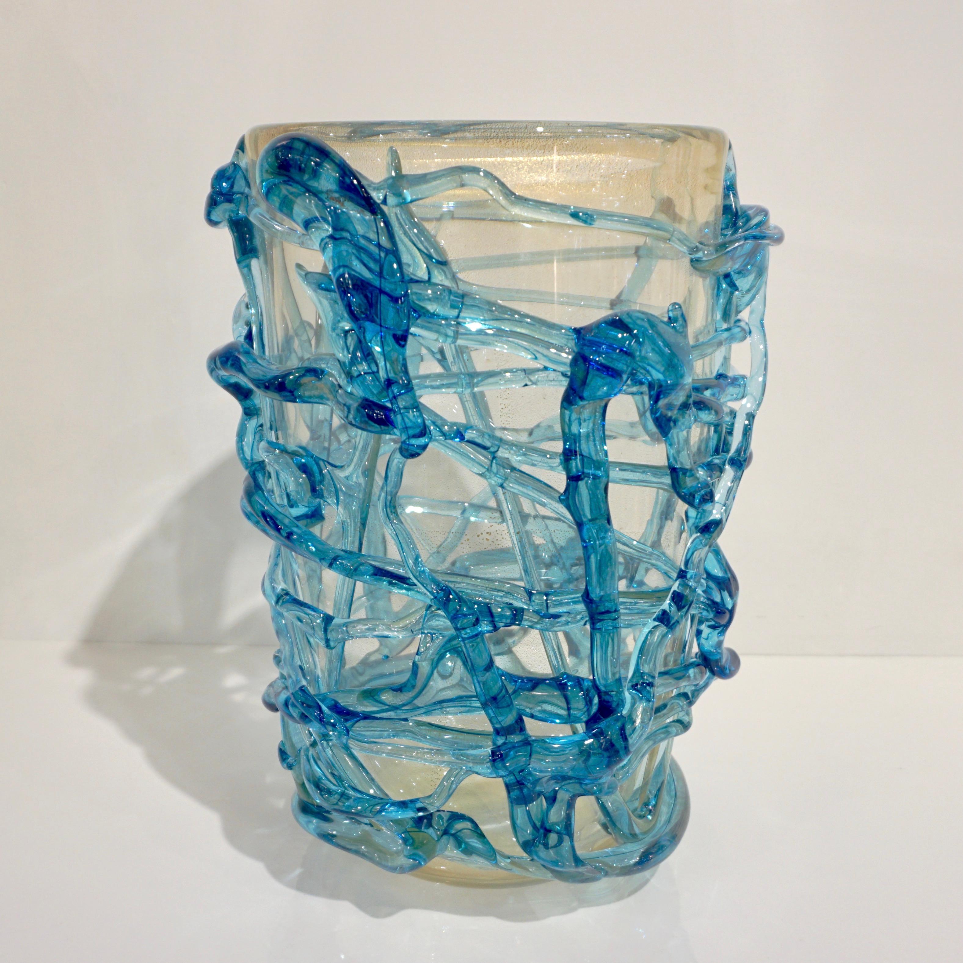 Contemporary 2000 Cenedese Italian Pair of Modern Aqua Blue 24 Kt Gold Murano Glass Art Vases For Sale