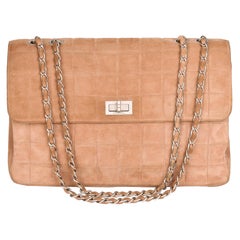 2000 Chanel Beige Chocolate Bar Quilted Suede Vintage Jumbo 2.55 Reissue Bag