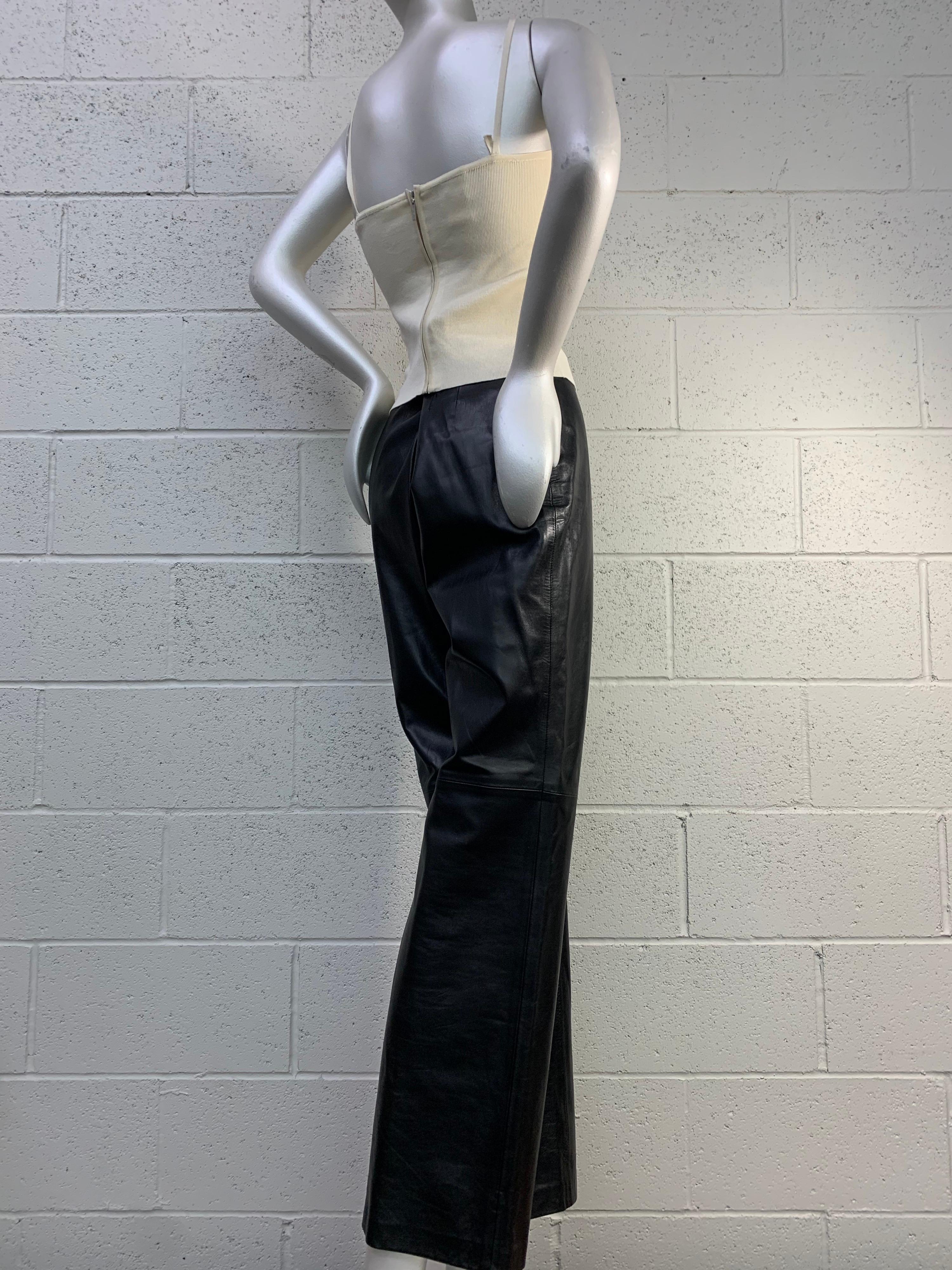 Women's 2000 Chanel Black Lambskin Leather Pants & Cream Rib-Knit Camisole Set