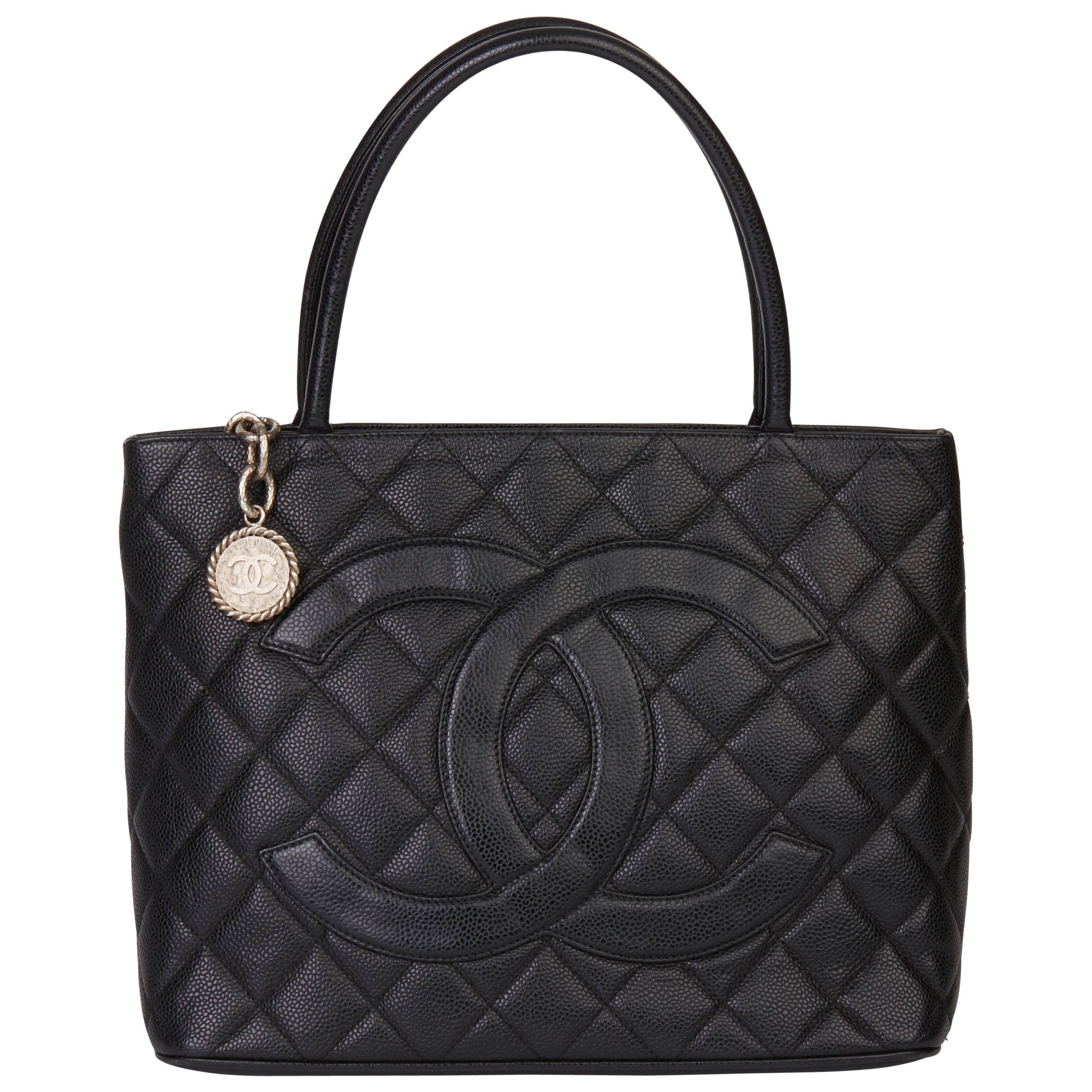 2000 Chanel Black Quilted Caviar Leather Vintage Medallion Tote