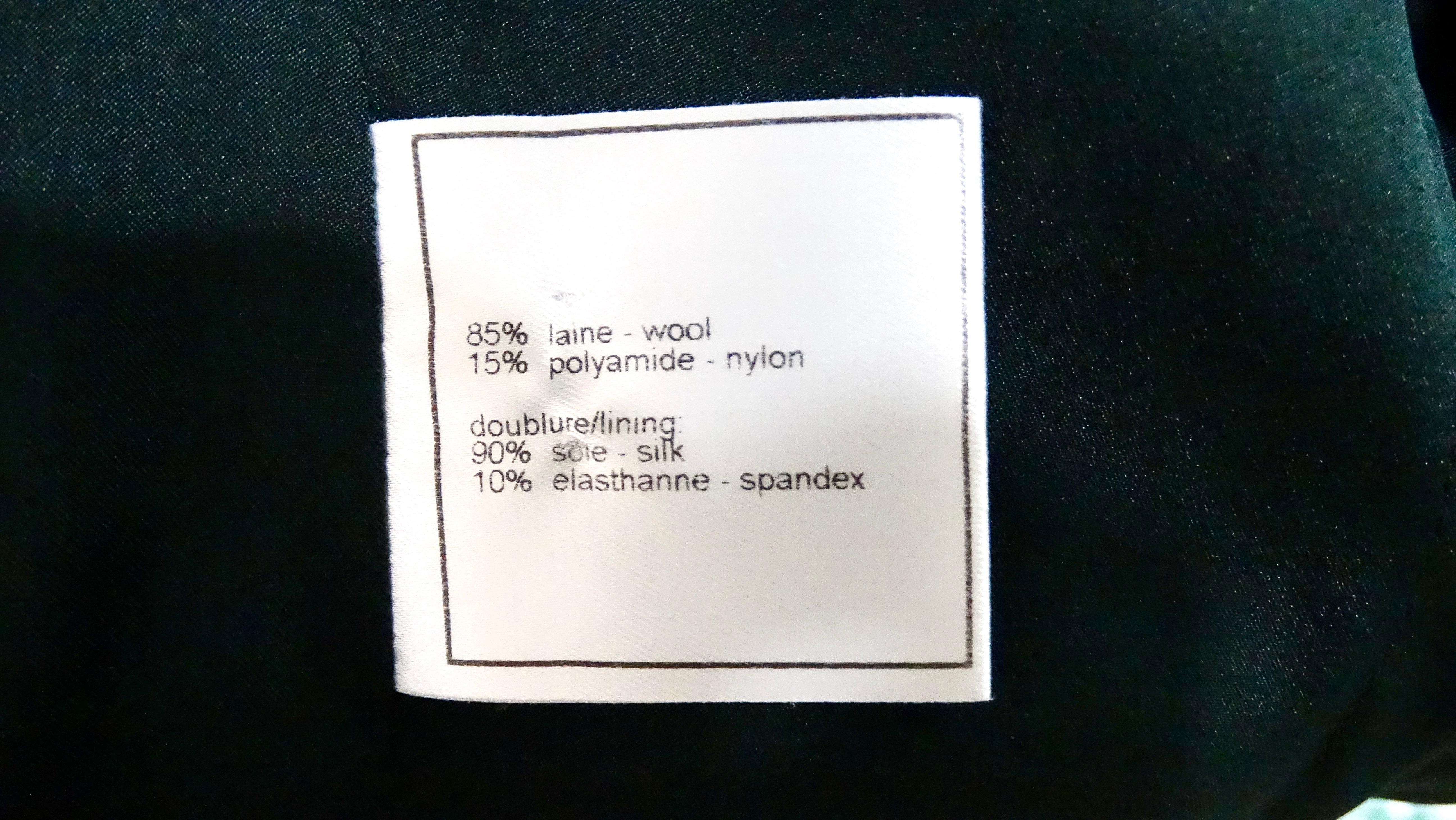 2000 Chanel Dark Green Wool Blend Jacket With Black Leather Accents For Sale 7