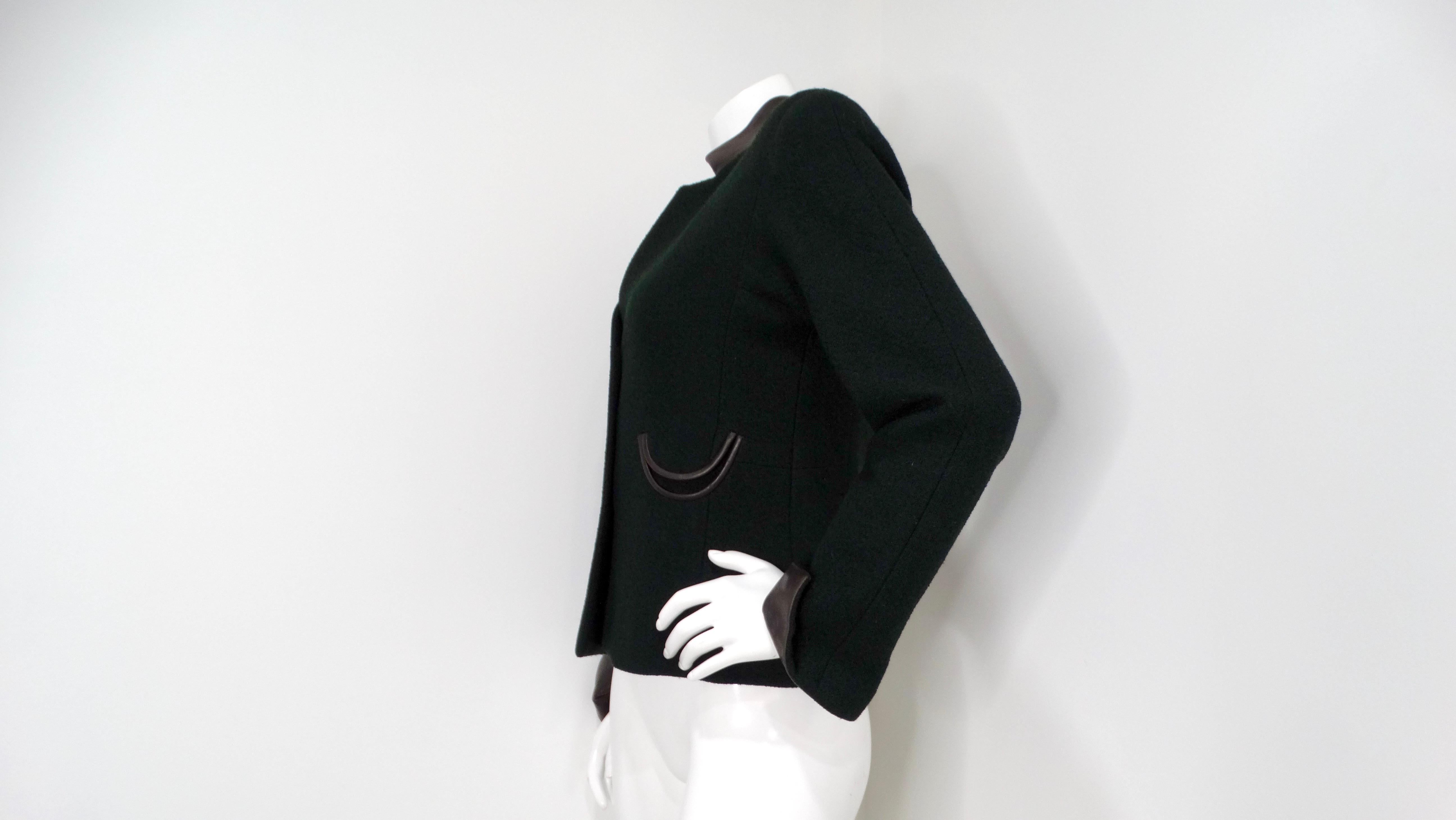 Women's 2000 Chanel Dark Green Wool Blend Jacket With Black Leather Accents For Sale
