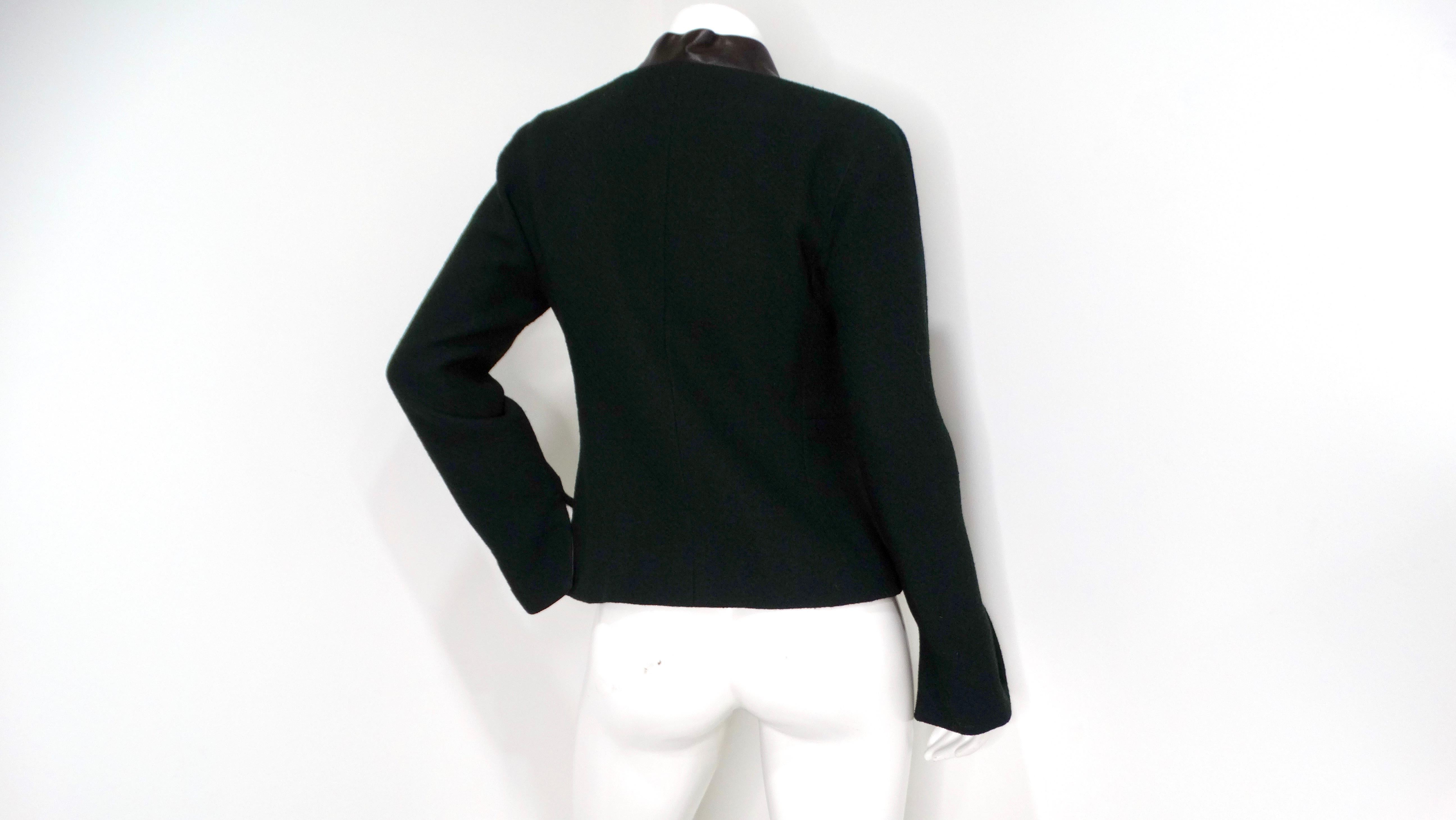 2000 Chanel Dark Green Wool Blend Jacket With Black Leather Accents For Sale 2