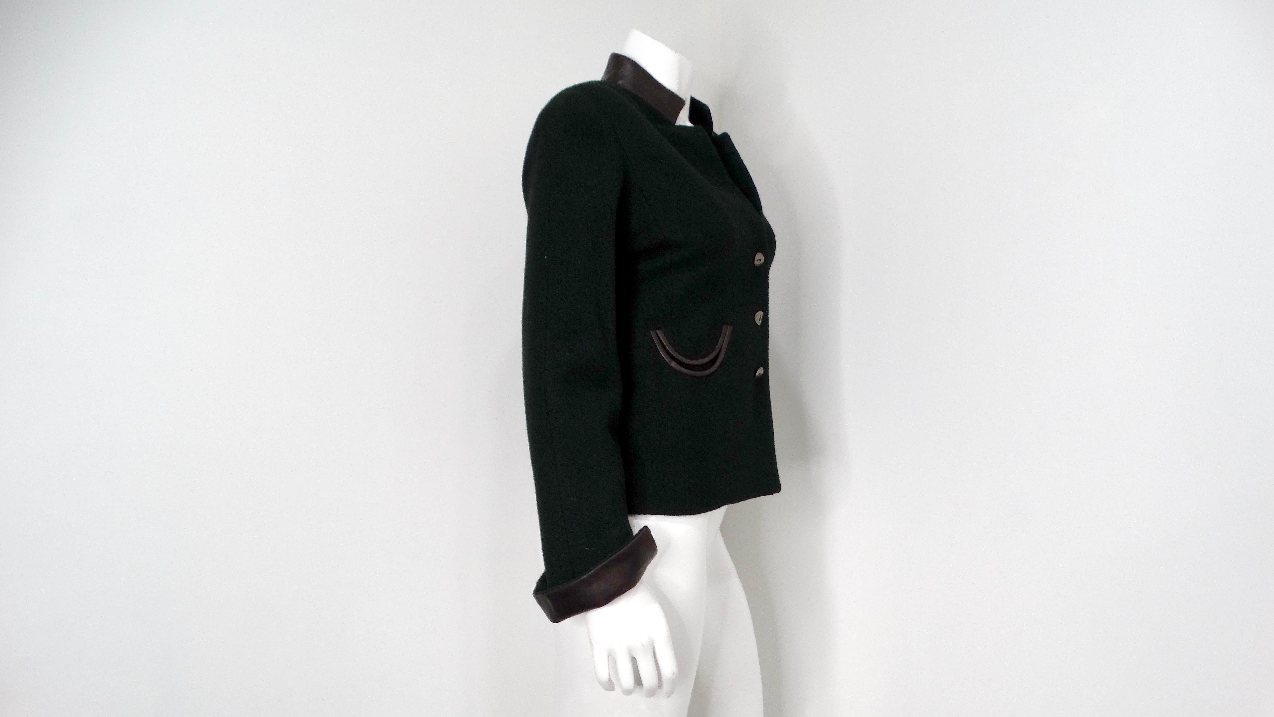 2000 Chanel Dark Green Wool Blend Jacket With Black Leather Accents For Sale 3