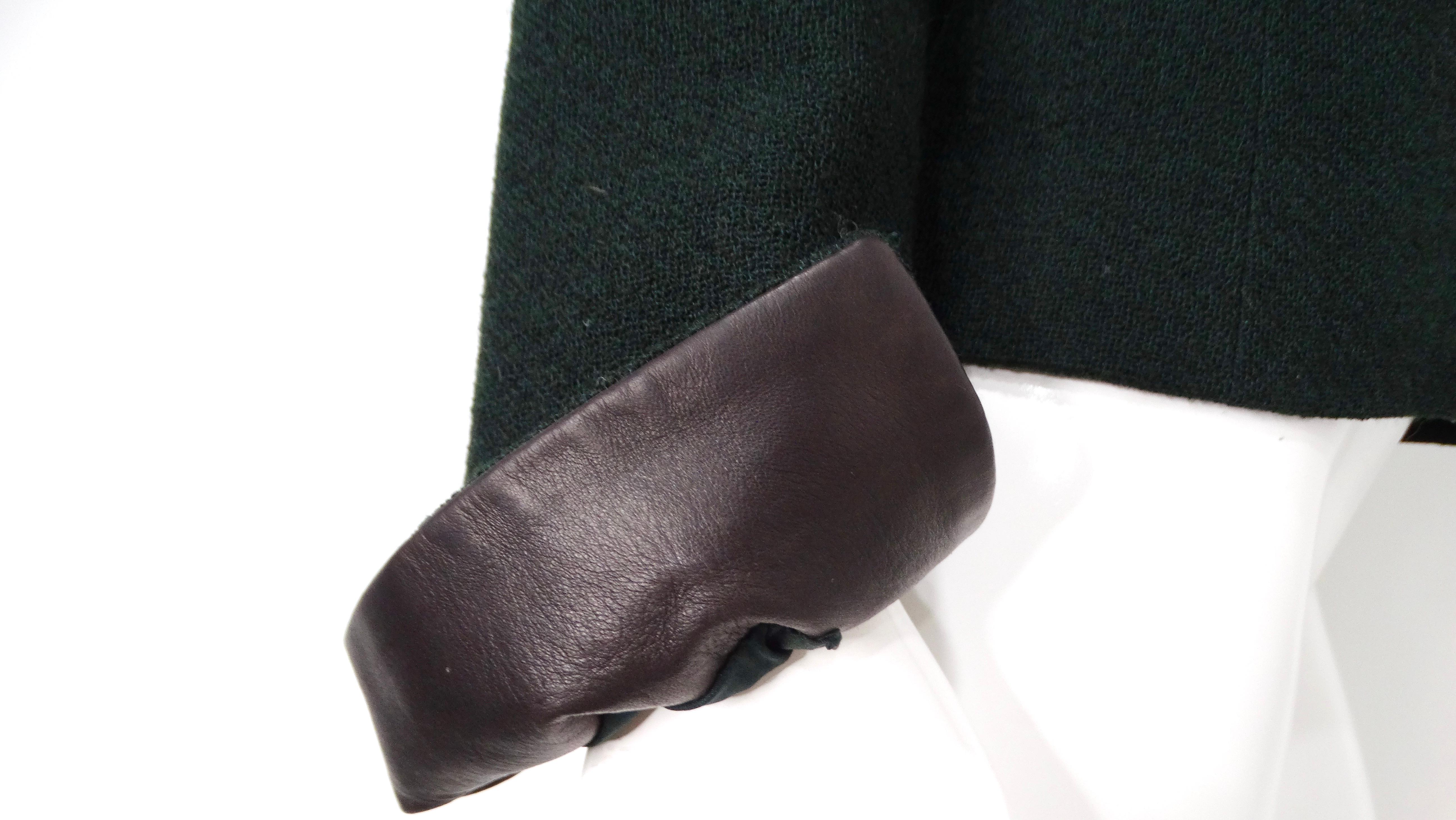 2000 Chanel Dark Green Wool Blend Jacket With Black Leather Accents For Sale 4