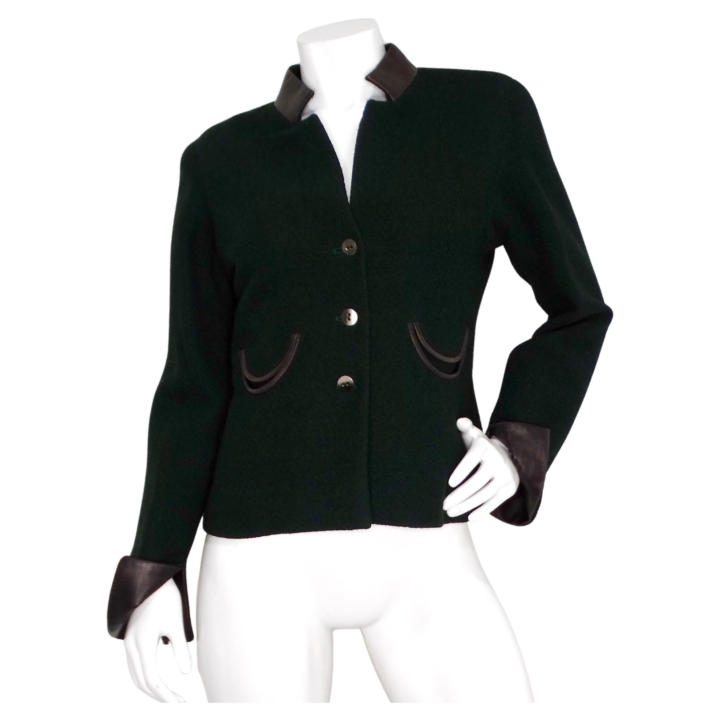 2000 Chanel Dark Green Wool Blend Jacket With Black Leather Accents For Sale