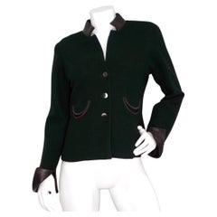 2000 Chanel Dark Green Wool Blend Jacket With Black Leather Accents