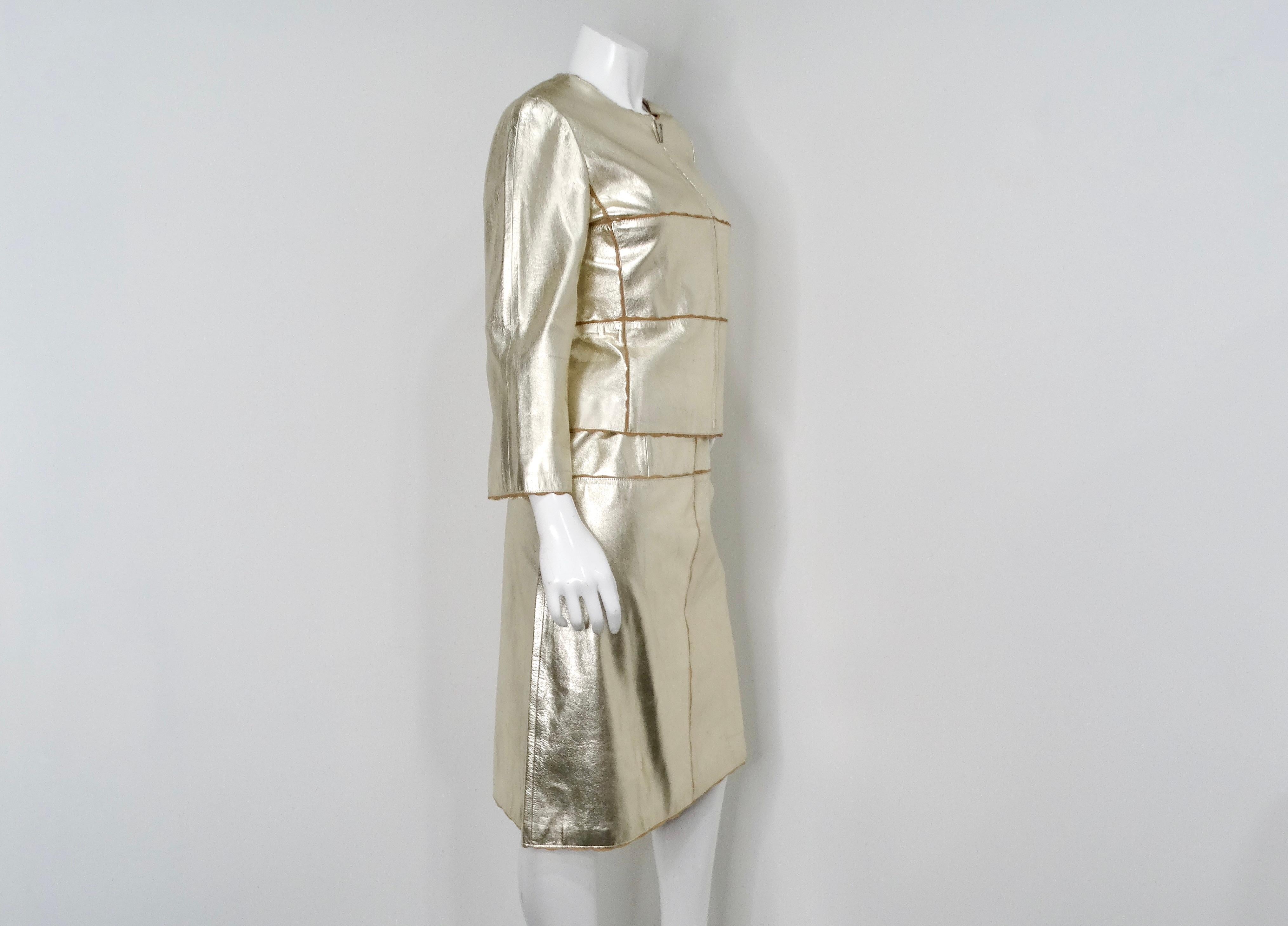 2000 Chanel Gold Metallic Suede Goatskin Jacket & Skirt Set For Sale 5