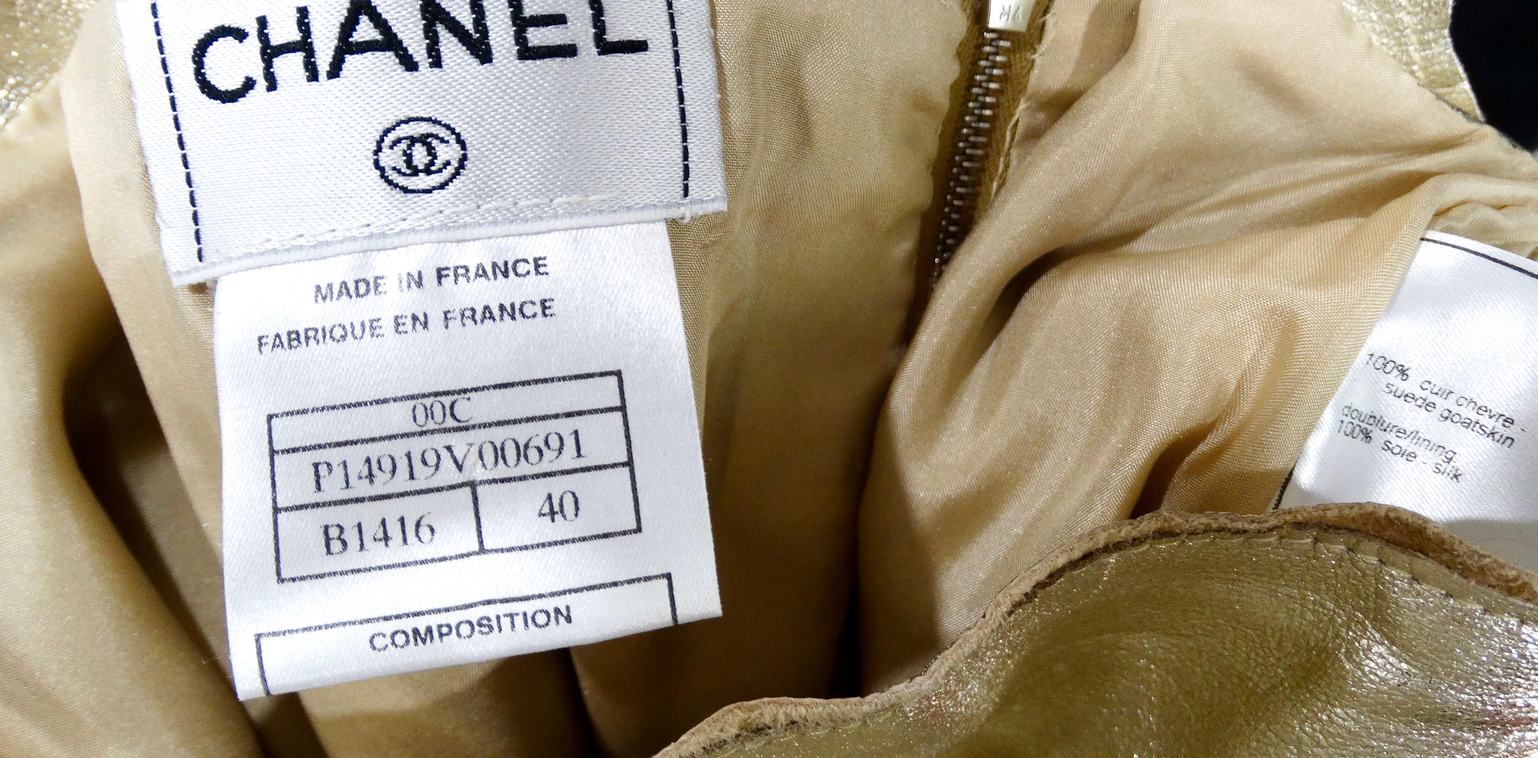 2000 Chanel Gold Metallic Suede Goatskin Jacket & Skirt Set For Sale 8