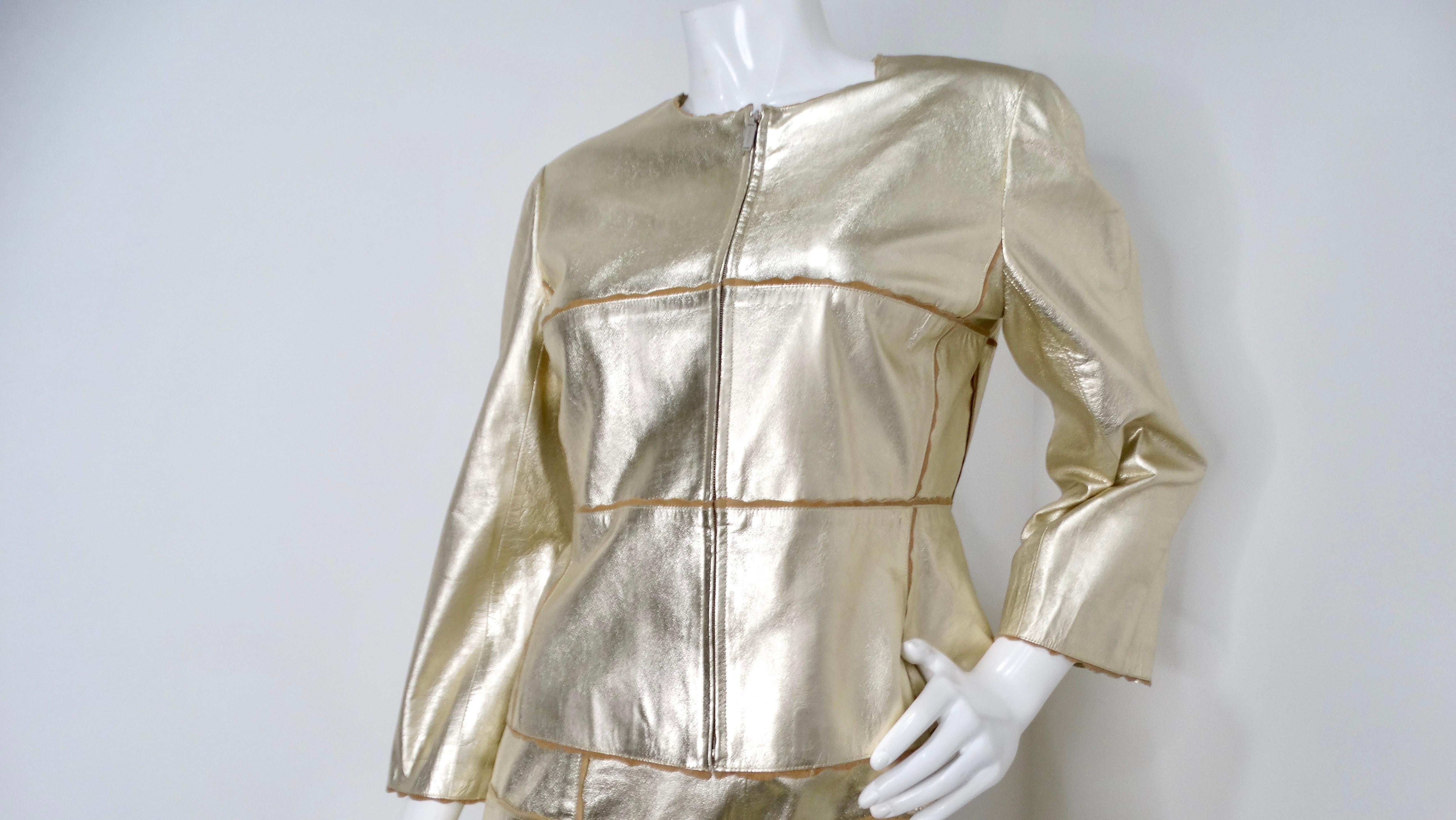 Gray 2000 Chanel Gold Metallic Suede Goatskin Jacket & Skirt Set For Sale