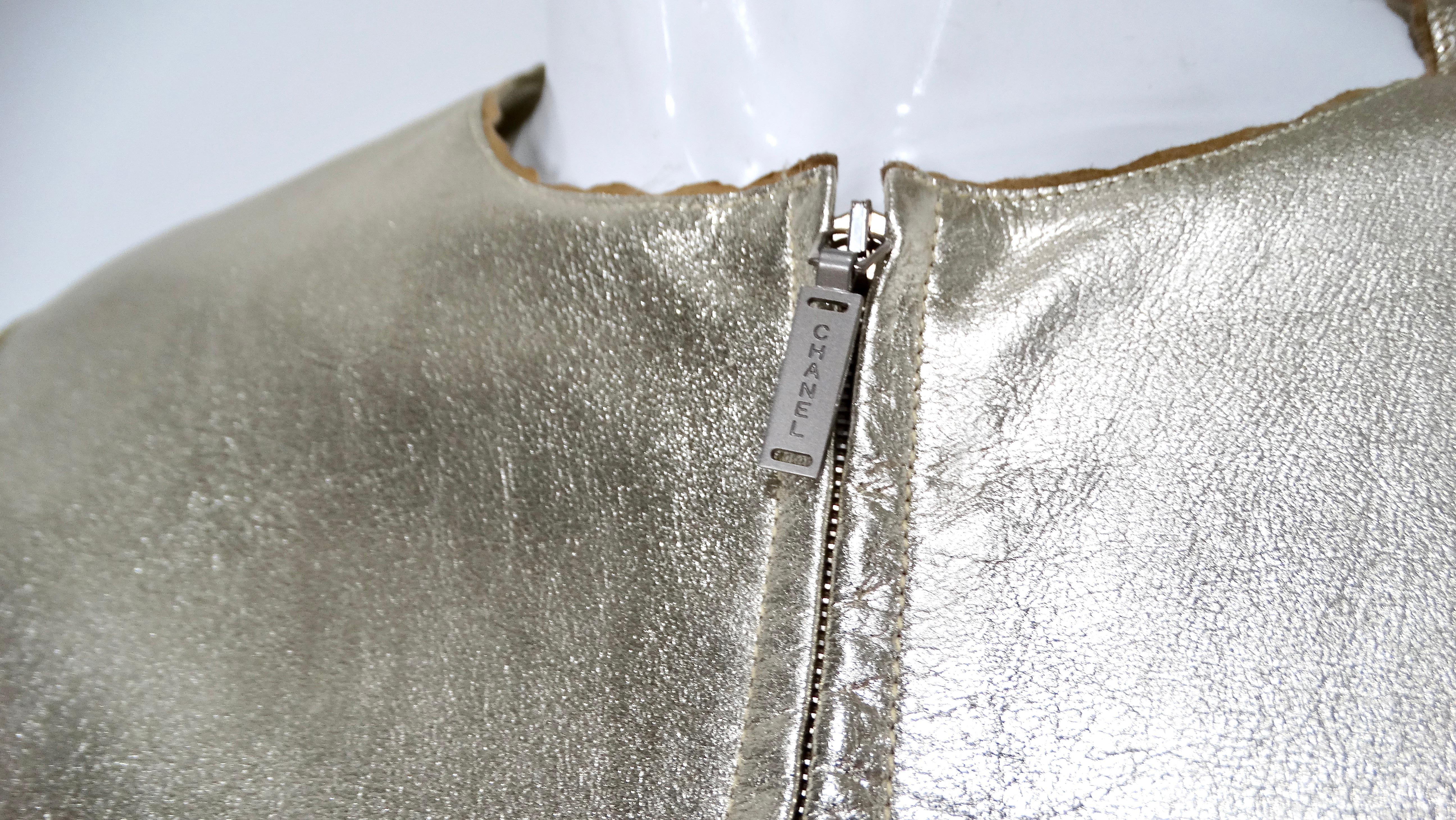2000 Chanel Gold Metallic Suede Goatskin Jacket & Skirt Set In Good Condition For Sale In Scottsdale, AZ