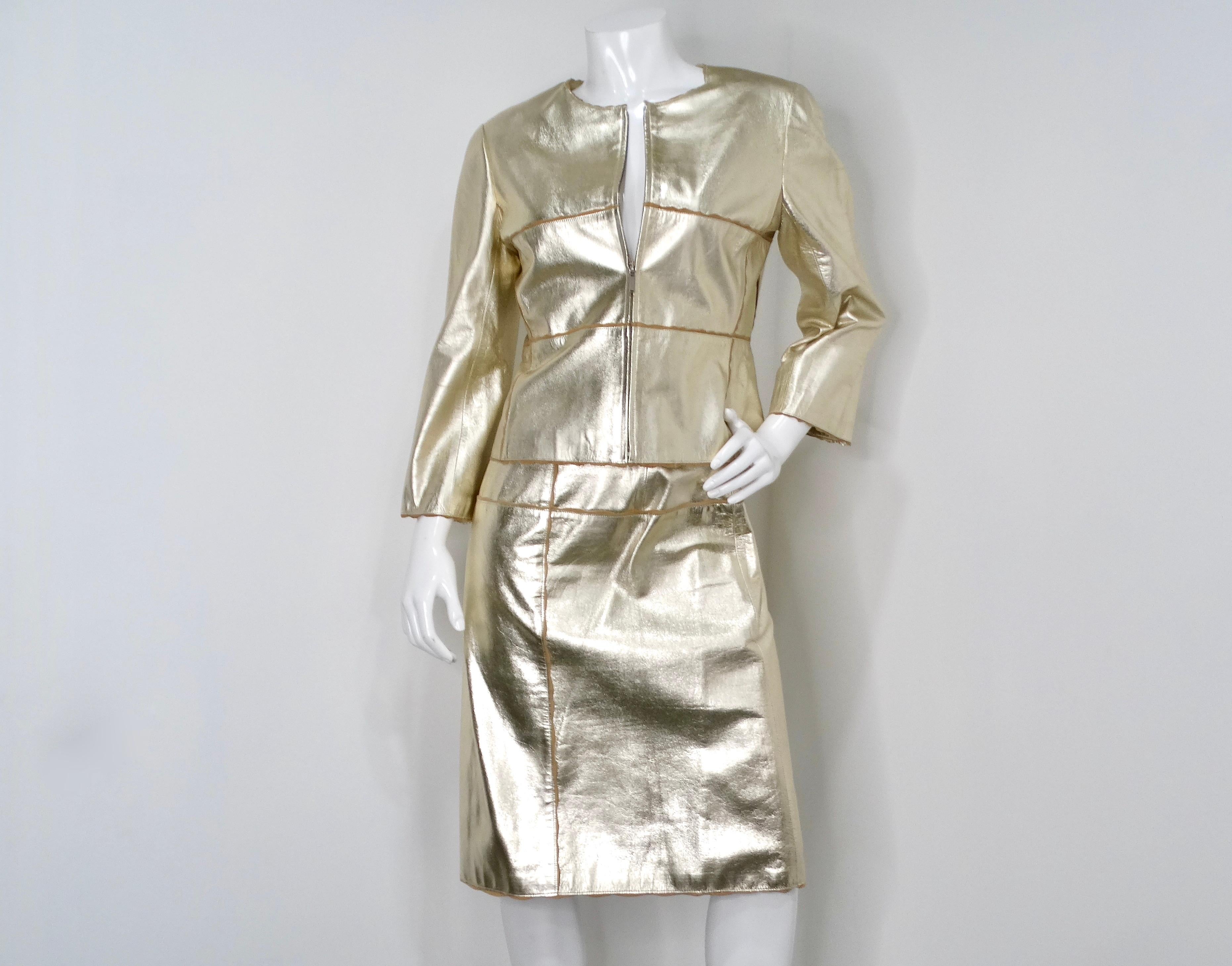 Women's 2000 Chanel Gold Metallic Suede Goatskin Jacket & Skirt Set For Sale