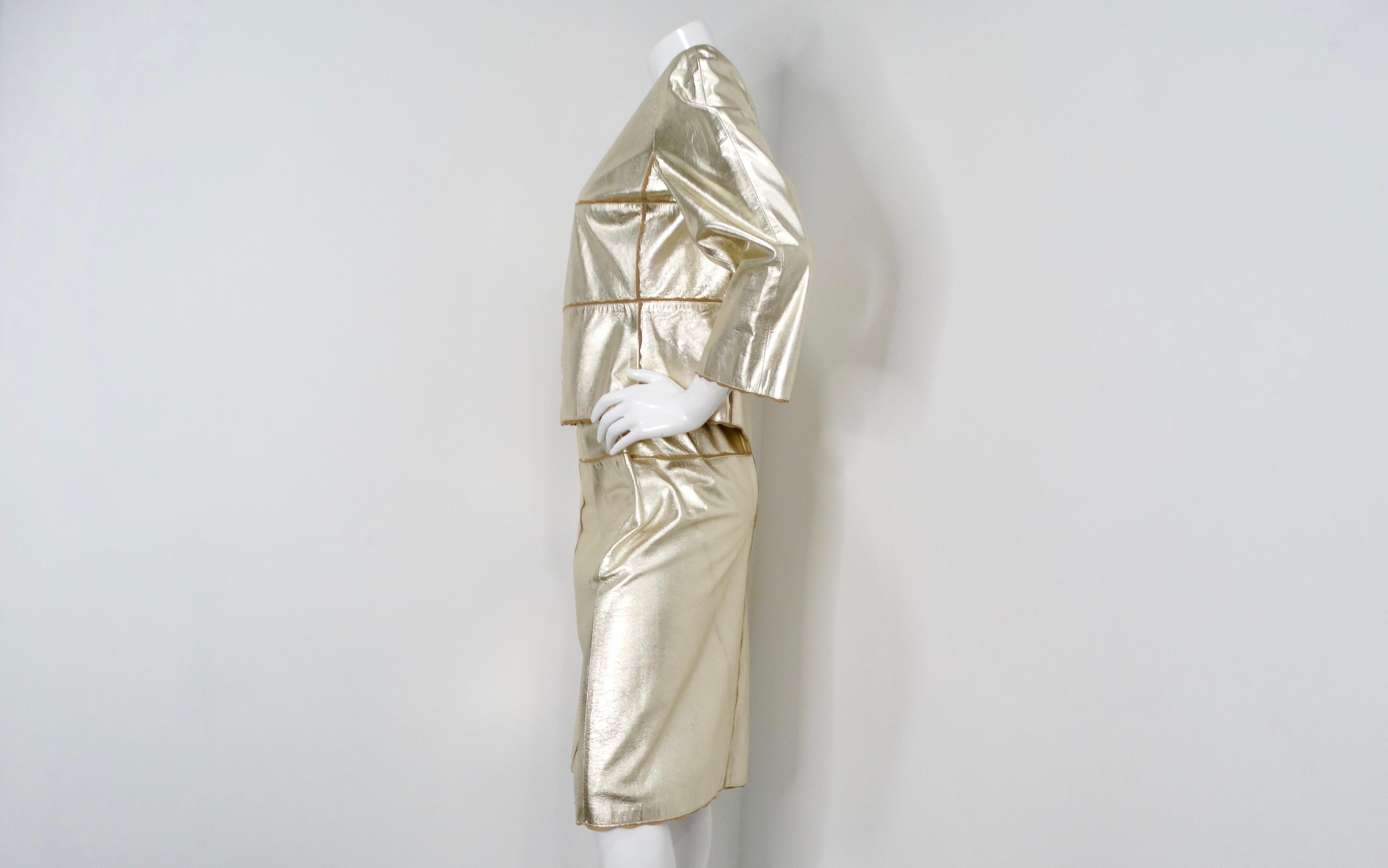 2000 Chanel Gold Metallic Suede Goatskin Jacket & Skirt Set For Sale 2