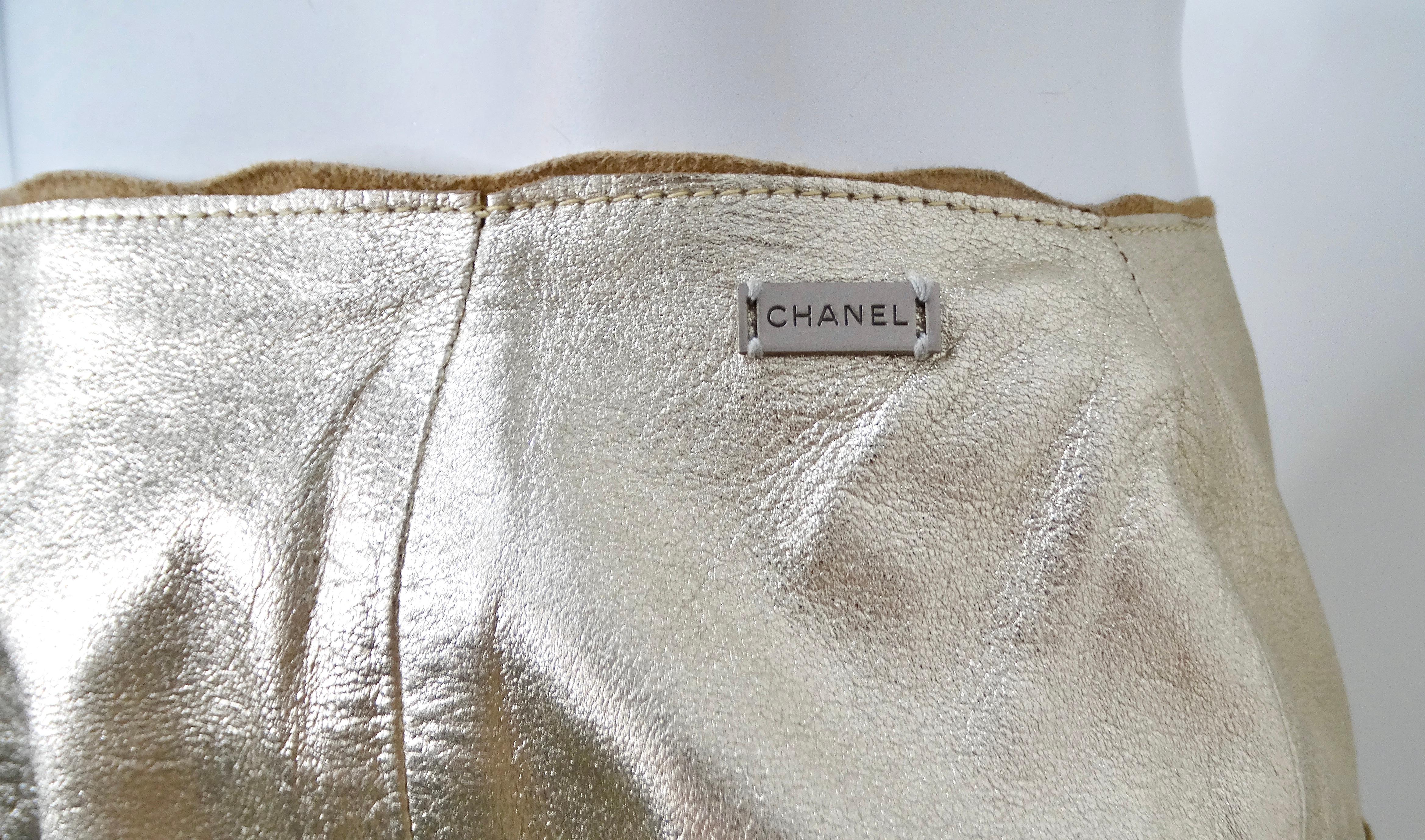 2000 Chanel Gold Metallic Suede Goatskin Jacket & Skirt Set For Sale 4