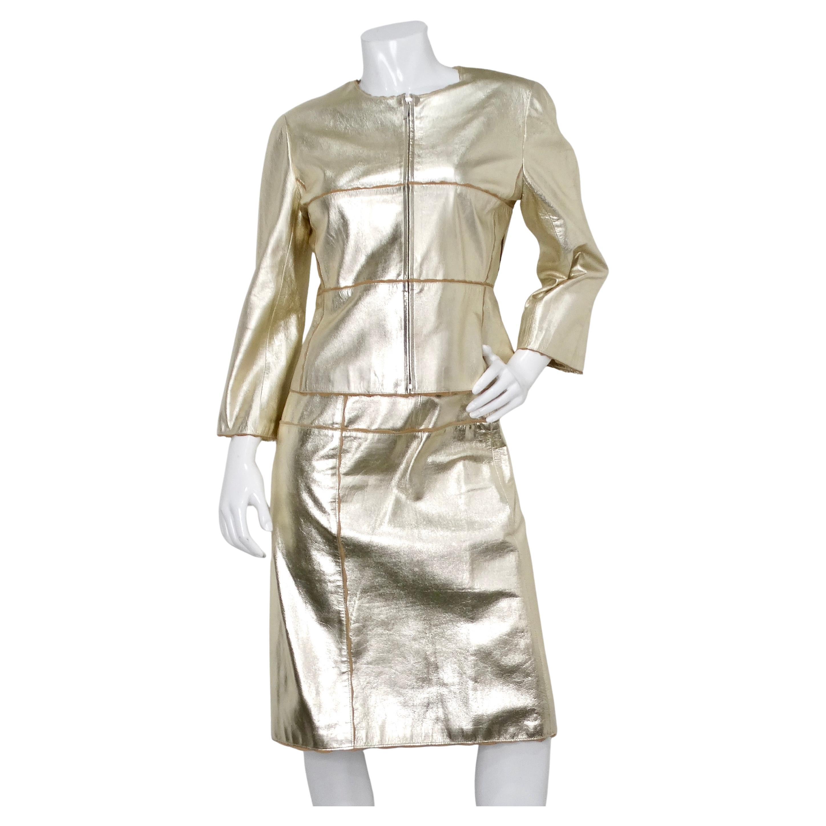 2000 Chanel Gold Metallic Suede Goatskin Jacket & Skirt Set For Sale