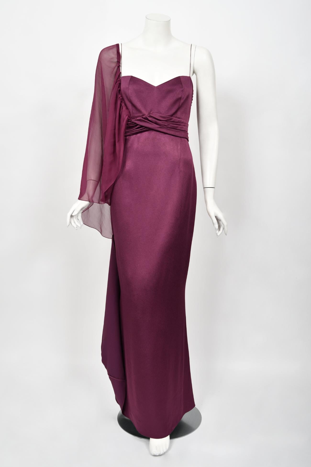 2000 Christian Dior by Galliano Purple Silk Sheer-Sleeve Asymmetric Draped Gown For Sale 6